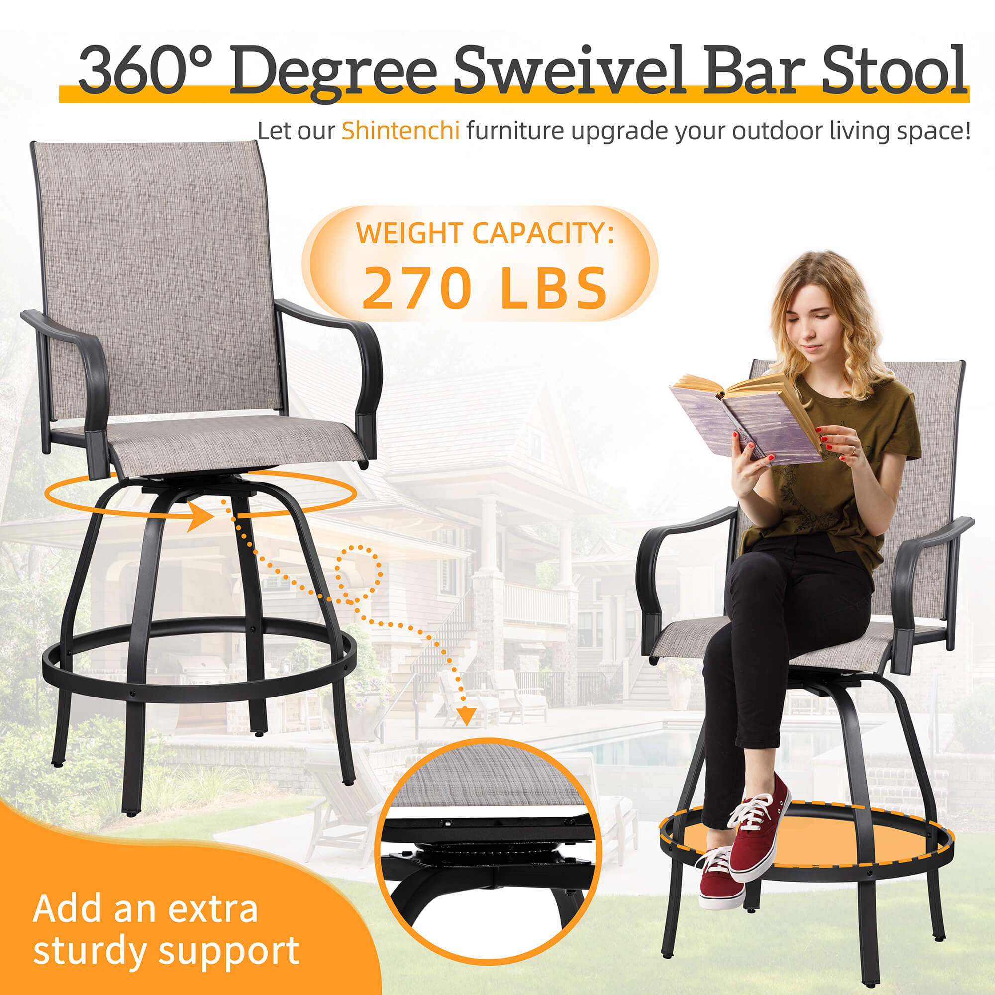 Vongrasig Patio Furniture Outdoor All-Weather Texilene Swivel High Bar Stools Set