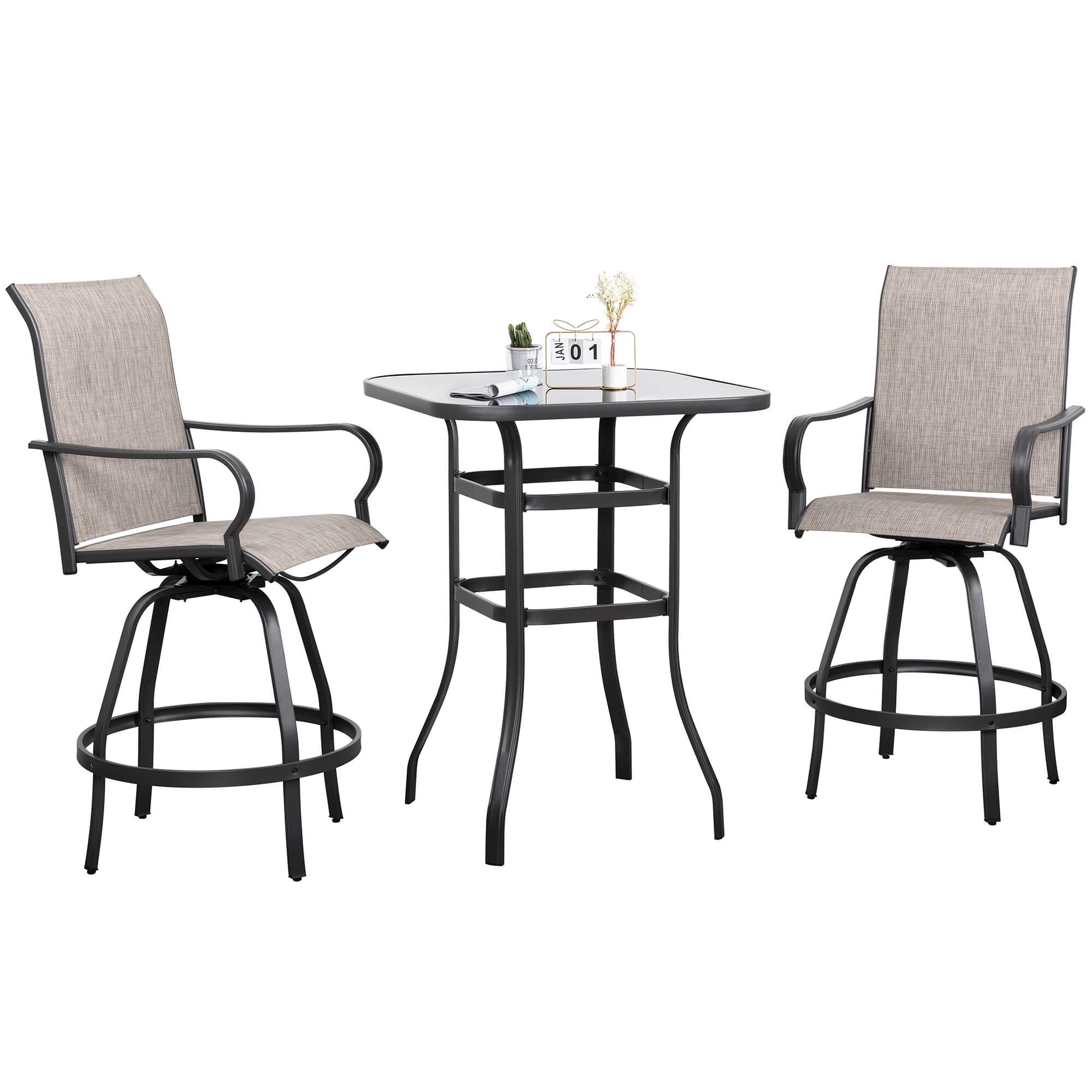Vongrasig Patio Furniture Outdoor All-Weather Texilene Swivel High Bar Stools Set