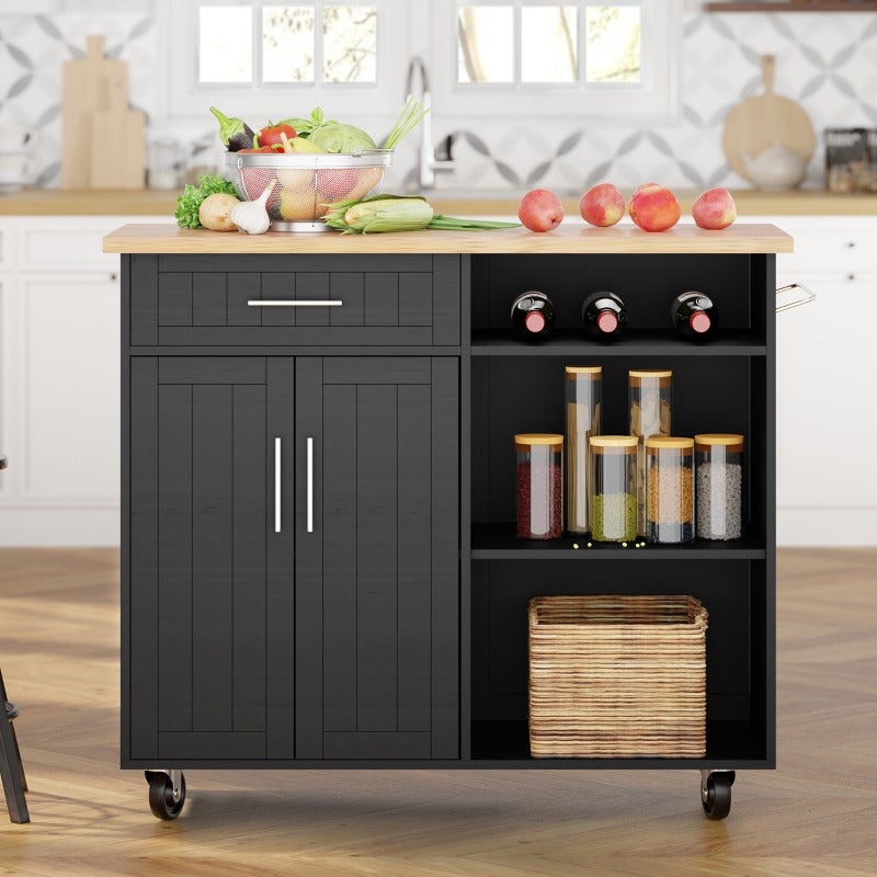 Walsunny 42¡®¡¯ Kitchen Island Cart Storage with Solid Wood Top#color_black