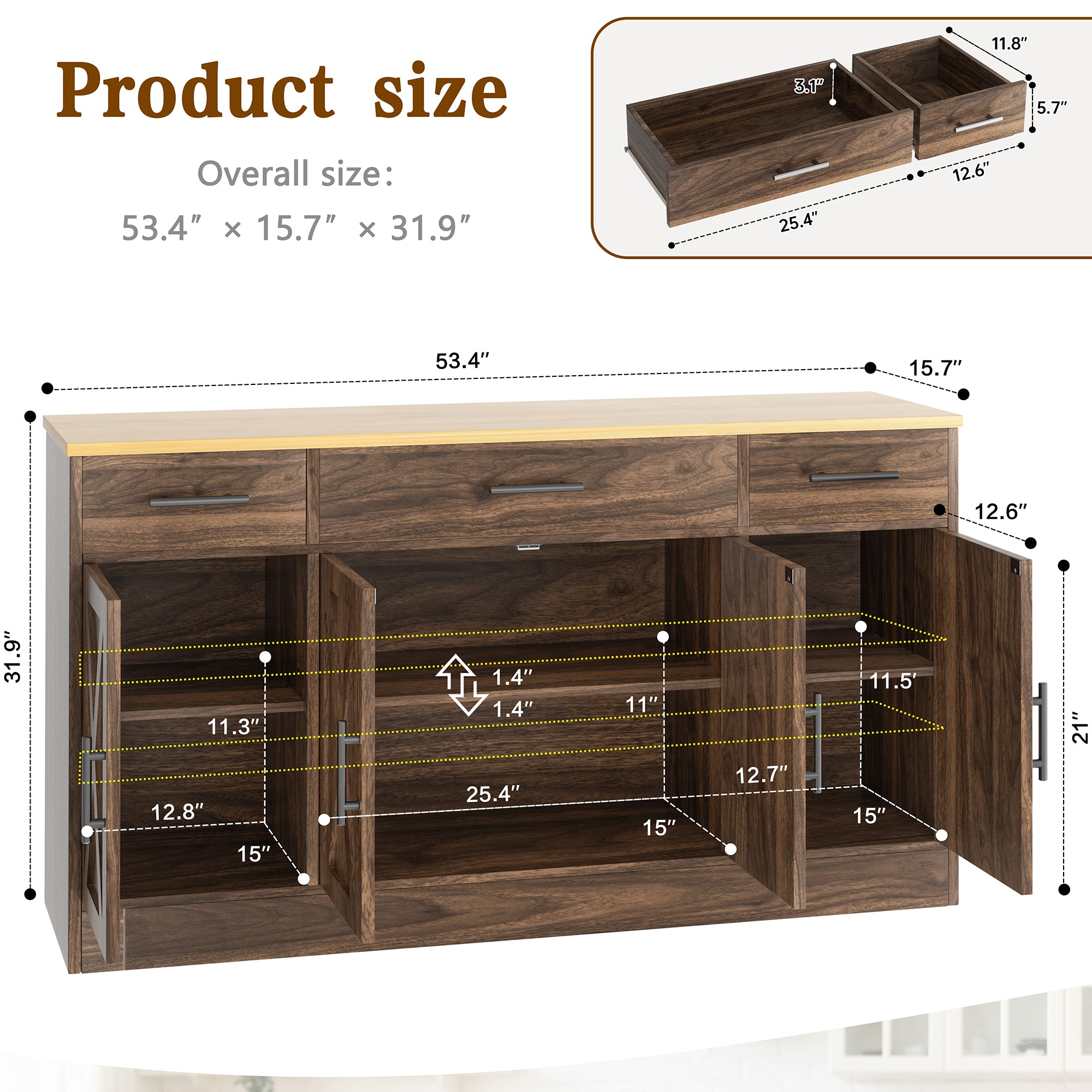 Vongrasig Buffet Cabinet with Storage, Farmhouse Coffee Bar Cabinet with Drawers, 53” Large Modern Sideboard Buffet with Adjustable Shelves for Kitchen, Dining Room