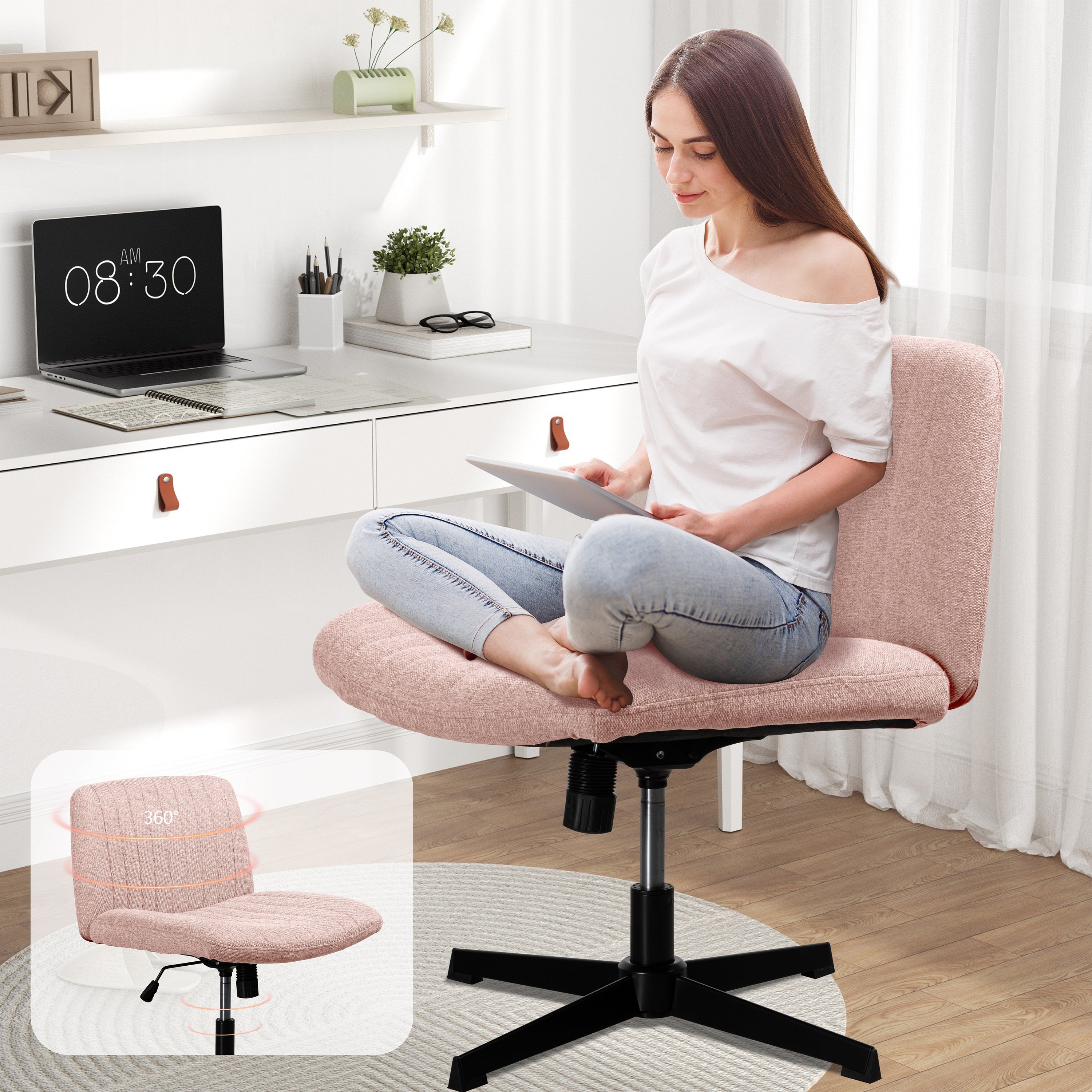 Walsunny Cross Legged Office Chair Armless Wide Chair Cross Legged Office Chair Computer Chair #color_pink #foot_fixed-foot