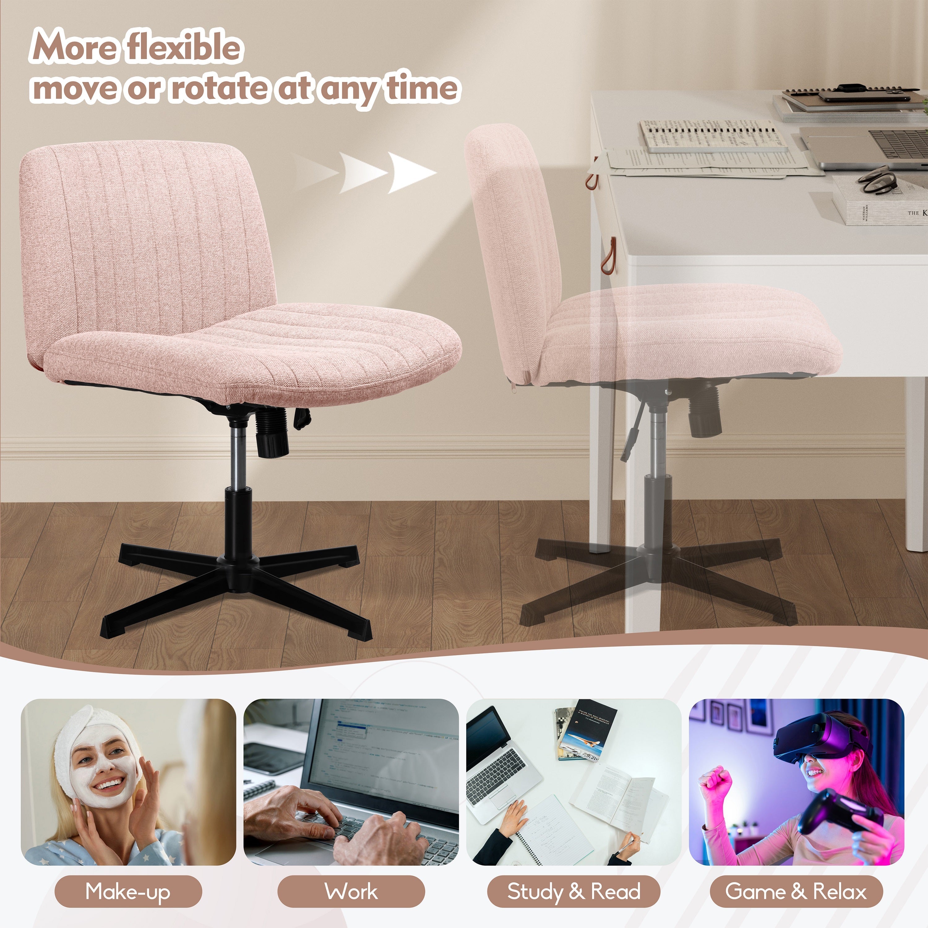 Walsunny Cross Legged Office Chair Armless Wide Chair Cross Legged Office Chair Computer Chair #color_pink #foot_fixed-foot