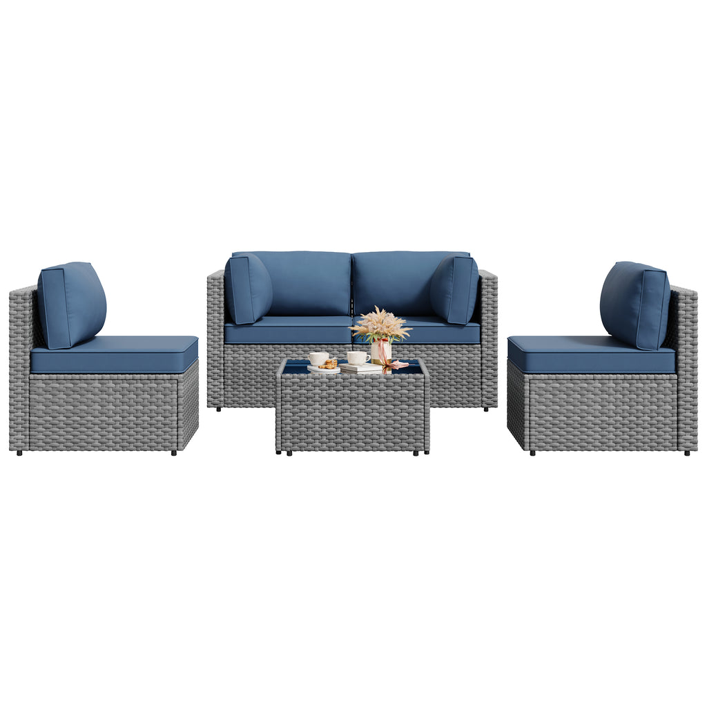 Vongrasig 5 Piece Patio Furniture Sets, Outdoor Patio Set Sectional Sofa, All-Weather PE Rattan Outdoor Couch with Ottoman, Glass Table for Garden, Backyard, Porch, Beige