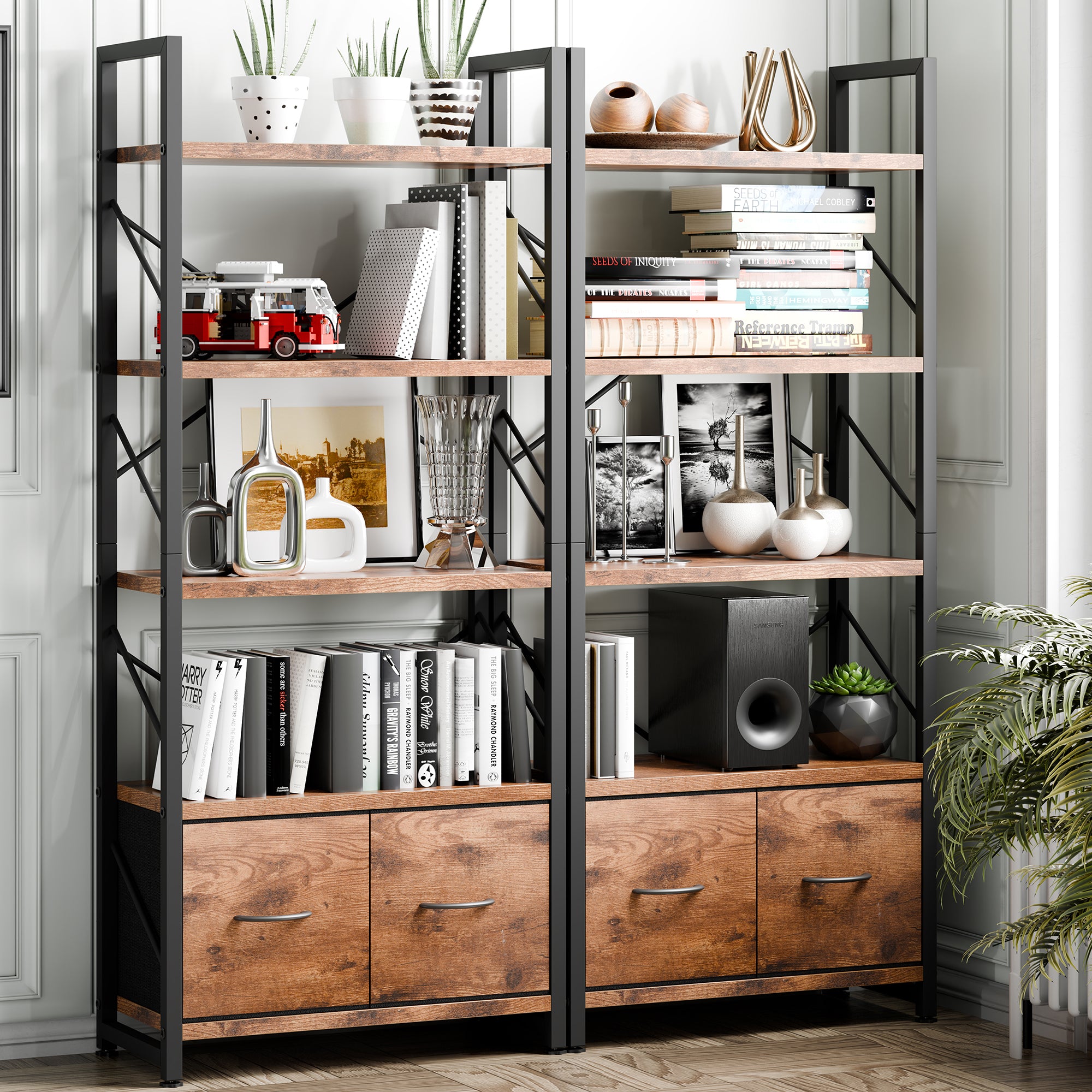 Vongrasig 5 Tier Bookshelf with Drawer, Industrial Tall Narrow Bookcase, Display Shelf Modern Wood and Metal Bookshelves, Free Standing Storage Organizer for Office, Living Room