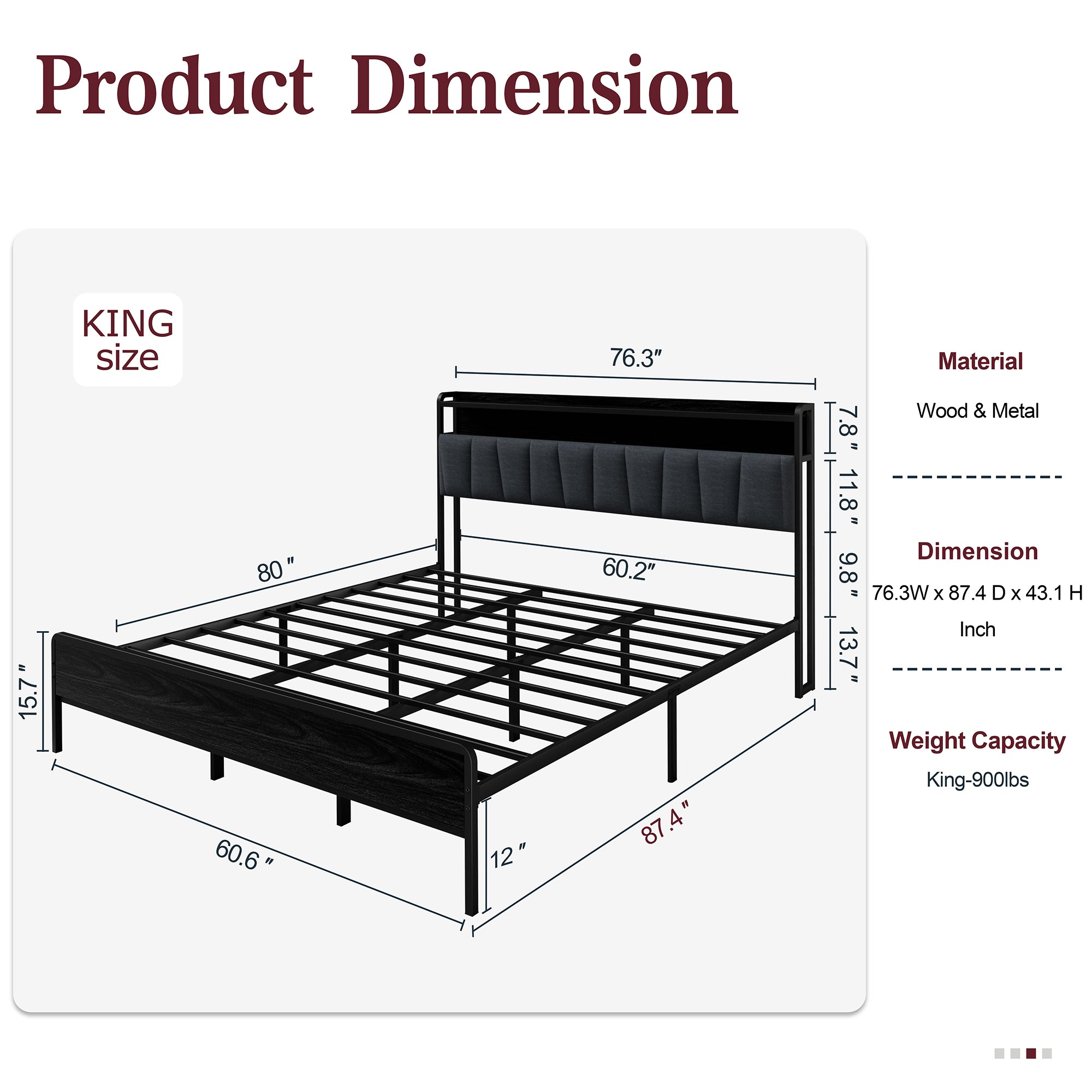 Walsunny Bed Frame with Led Light and 2 Drawers Metal Platform Bed with Button Tufted Headboard Strong Metal Slats (7504175136944)