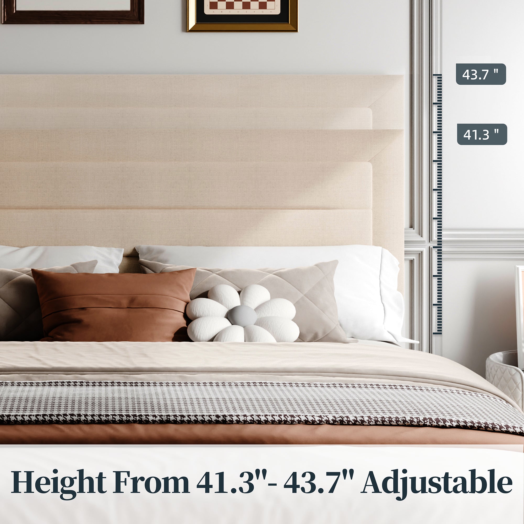 Walsunny Bed Frame with 4 Storage Drawee, Platform Bed with Upholstered Modern Geometric Lines Headboard, Solid Wood Slats Support (7504162390192)