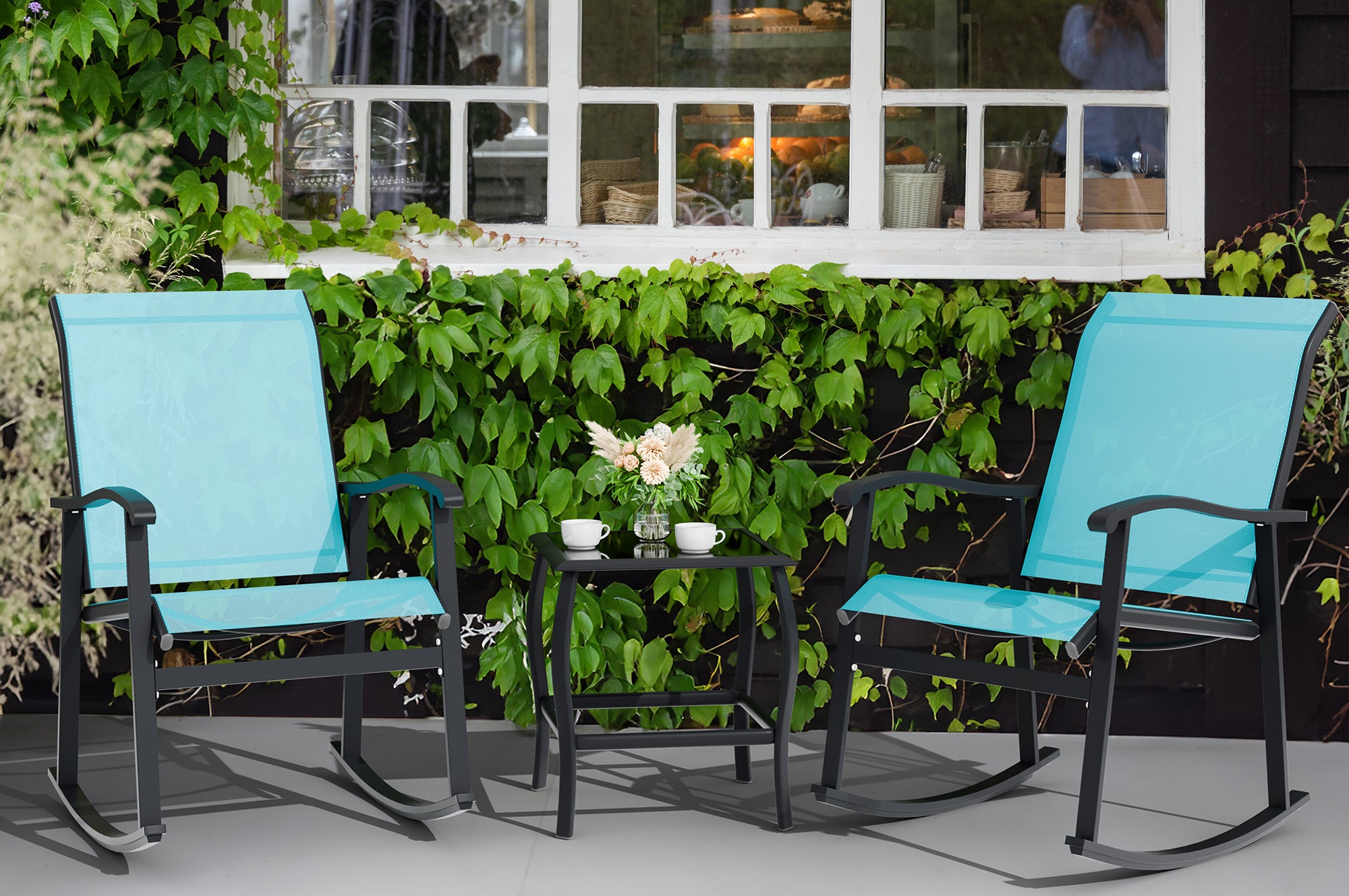 Vongrasig 3 Piece Outdoor Rocking Bistro Set, Textilene Fabric Small Patio Furniture Set, Front Porch Rocker Chairs Conversation Set with Glass Table for Lawn, Garden, Balcony, Poolside