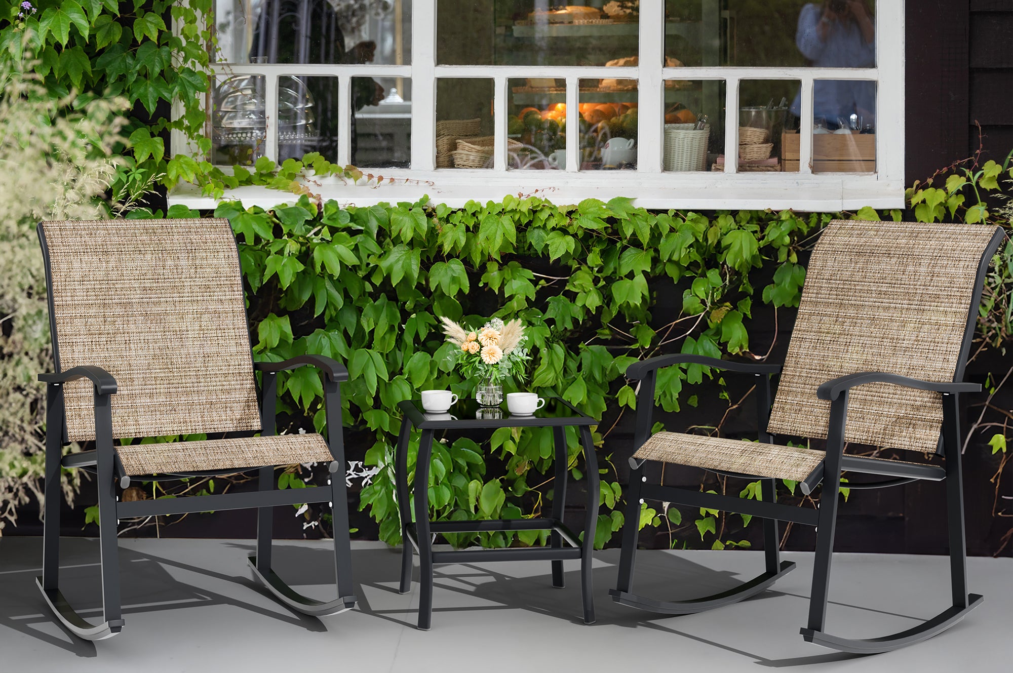 Vongrasig 3 Piece Outdoor Rocking Bistro Set, Textilene Fabric Small Patio Furniture Set, Front Porch Rocker Chairs Conversation Set with Glass Table for Lawn, Garden, Balcony, Poolside