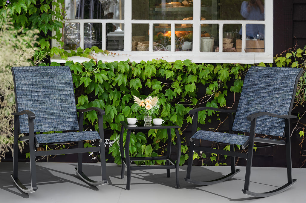 Vongrasig 3 Piece Outdoor Rocking Bistro Set, Textilene Fabric Small Patio Furniture Set, Front Porch Rocker Chairs Conversation Set with Glass Table for Lawn, Garden, Balcony, Poolside