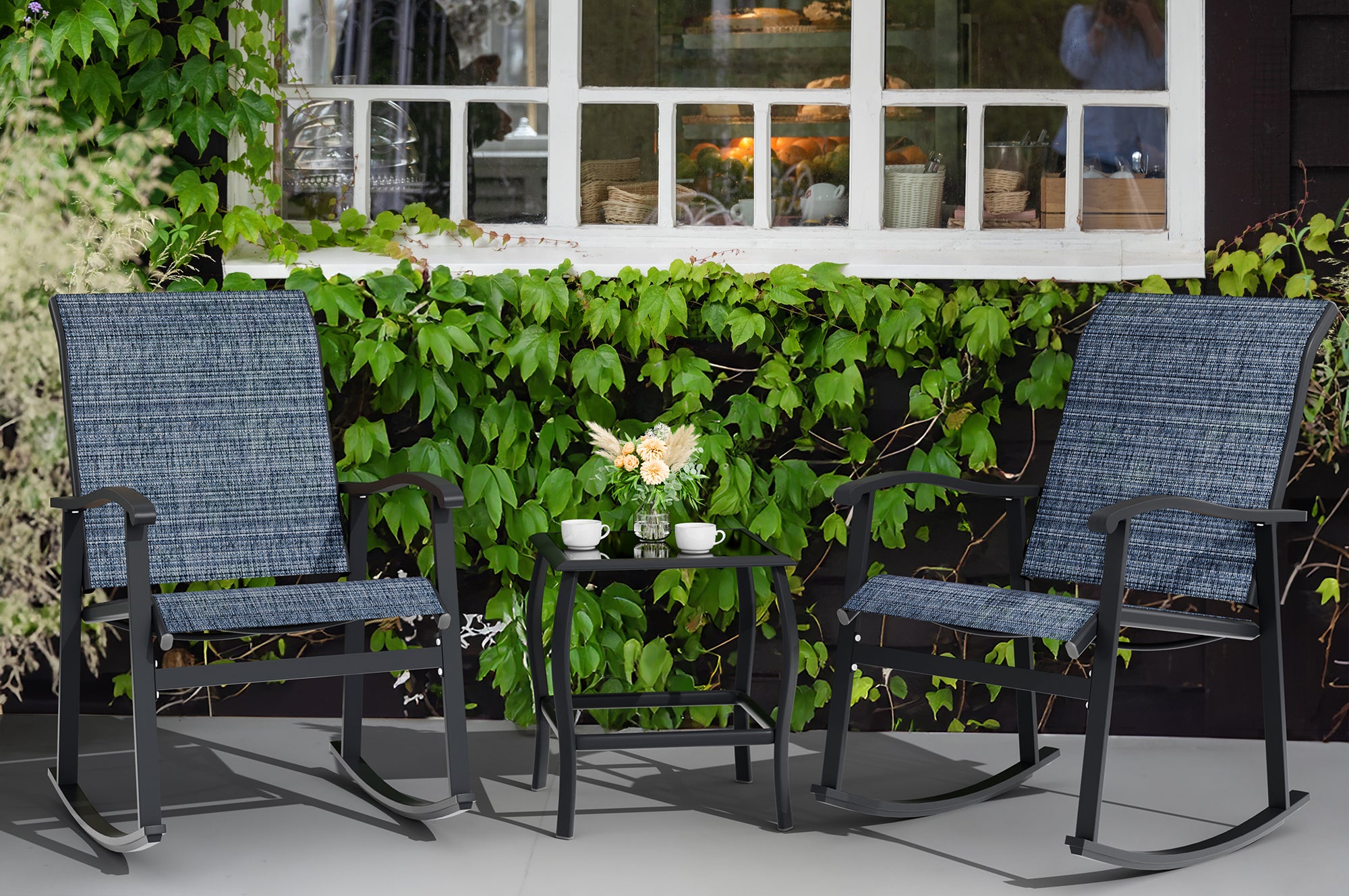 Vongrasig 3 Piece Outdoor Rocking Bistro Set, Textilene Fabric Small Patio Furniture Set, Front Porch Rocker Chairs Conversation Set with Glass Table for Lawn, Garden, Balcony, Poolside