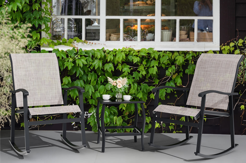 Vongrasig 3 Piece Outdoor Rocking Bistro Set, Textilene Fabric Small Patio Furniture Set, Front Porch Rocker Chairs Conversation Set with Glass Table for Lawn, Garden, Balcony, Poolside