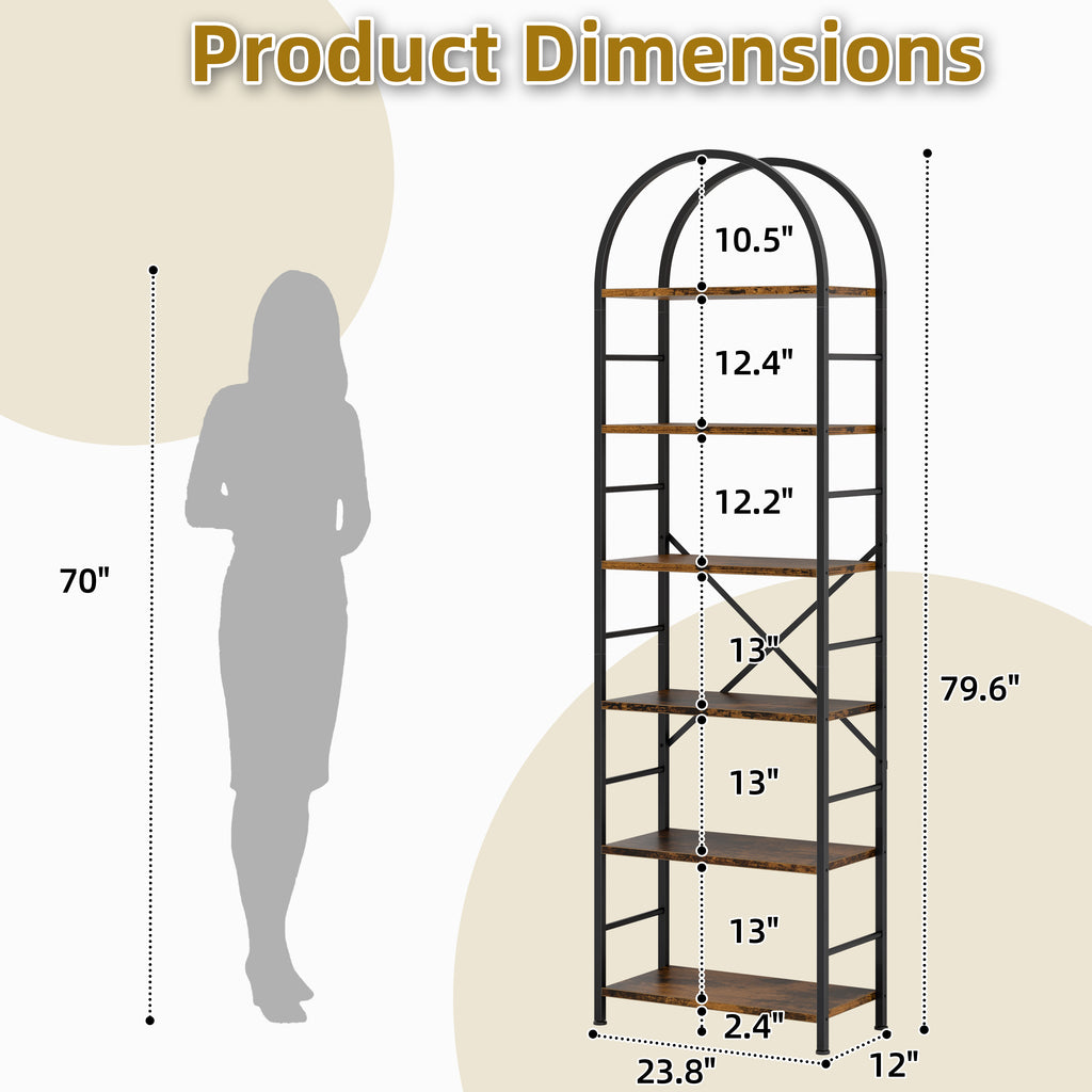 Vongrasig 6 Tier Arched Bookshelf, Industrial Tall Open Bookcase | 80”H Display Standing Shelf with Sturdy Wood and Metal Frame for Home Office, Living Room, Bedroom