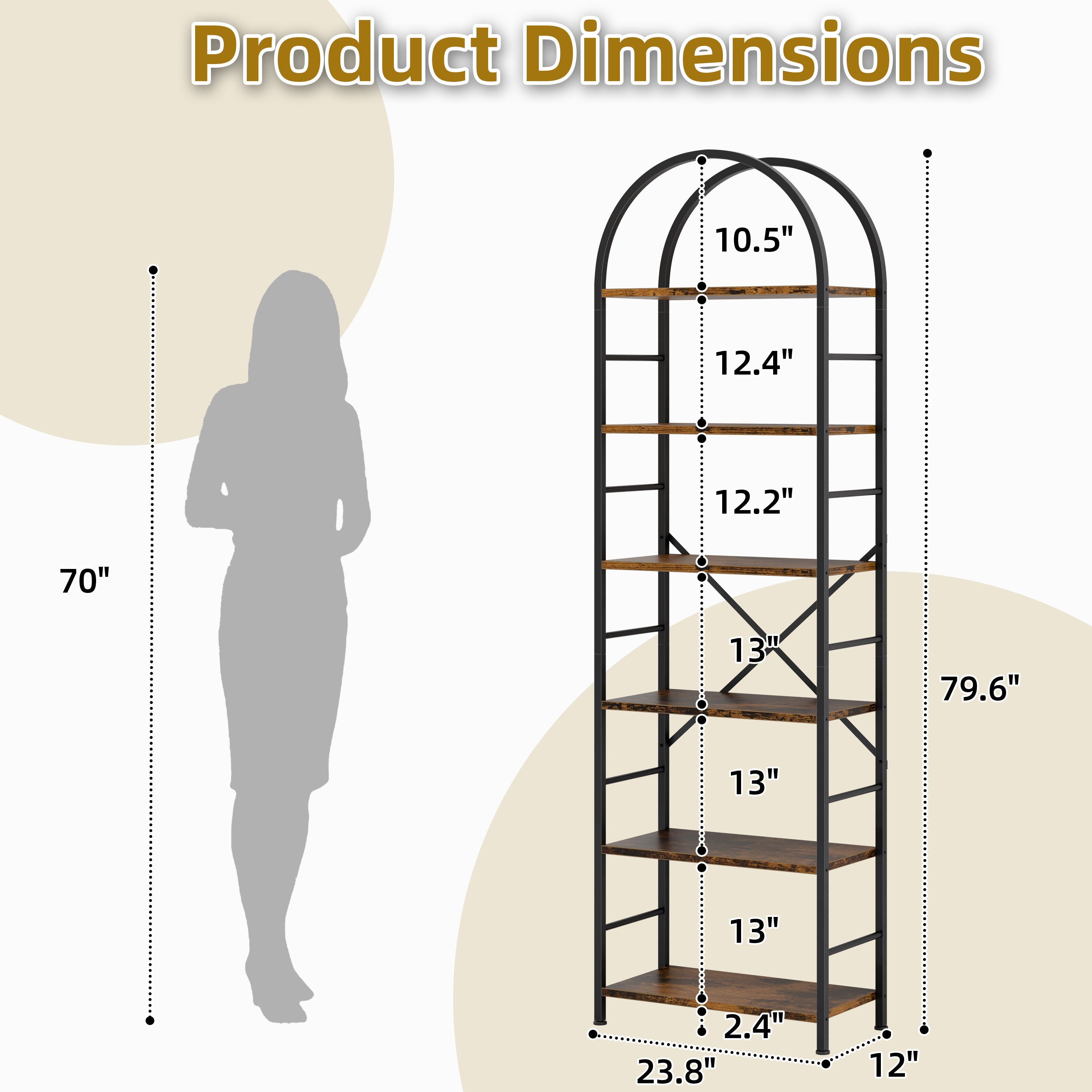 Vongrasig 6 Tier Arched Bookshelf, Industrial Tall Open Bookcase | 80”H Display Standing Shelf with Sturdy Wood and Metal Frame for Home Office, Living Room, Bedroom