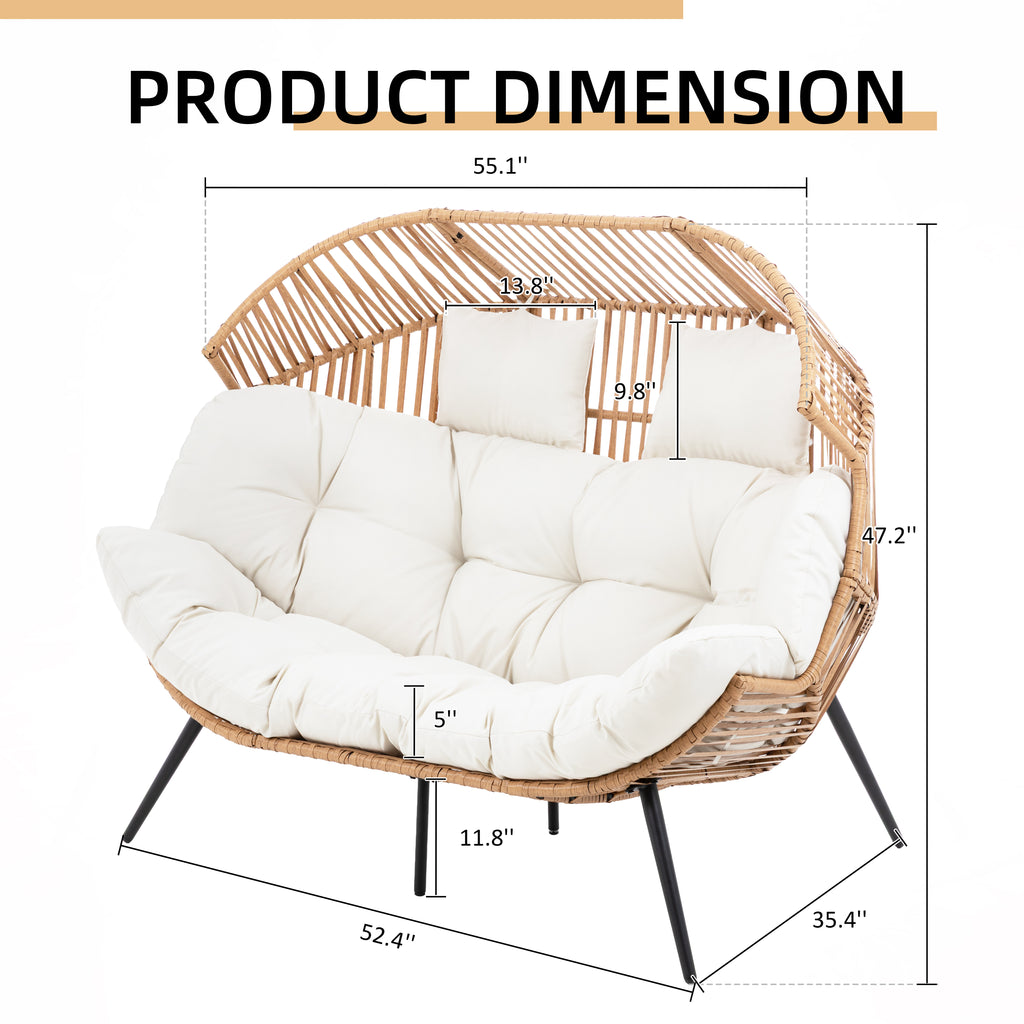Vongrasig Wicker Double Egg Chair PE Rattan with Thicken Padded Cushion, 2 Person Oversized Patio Lounge Loveseat Chair for Outdoor, Indoor, Balcony, Backyard, Garden, Beige