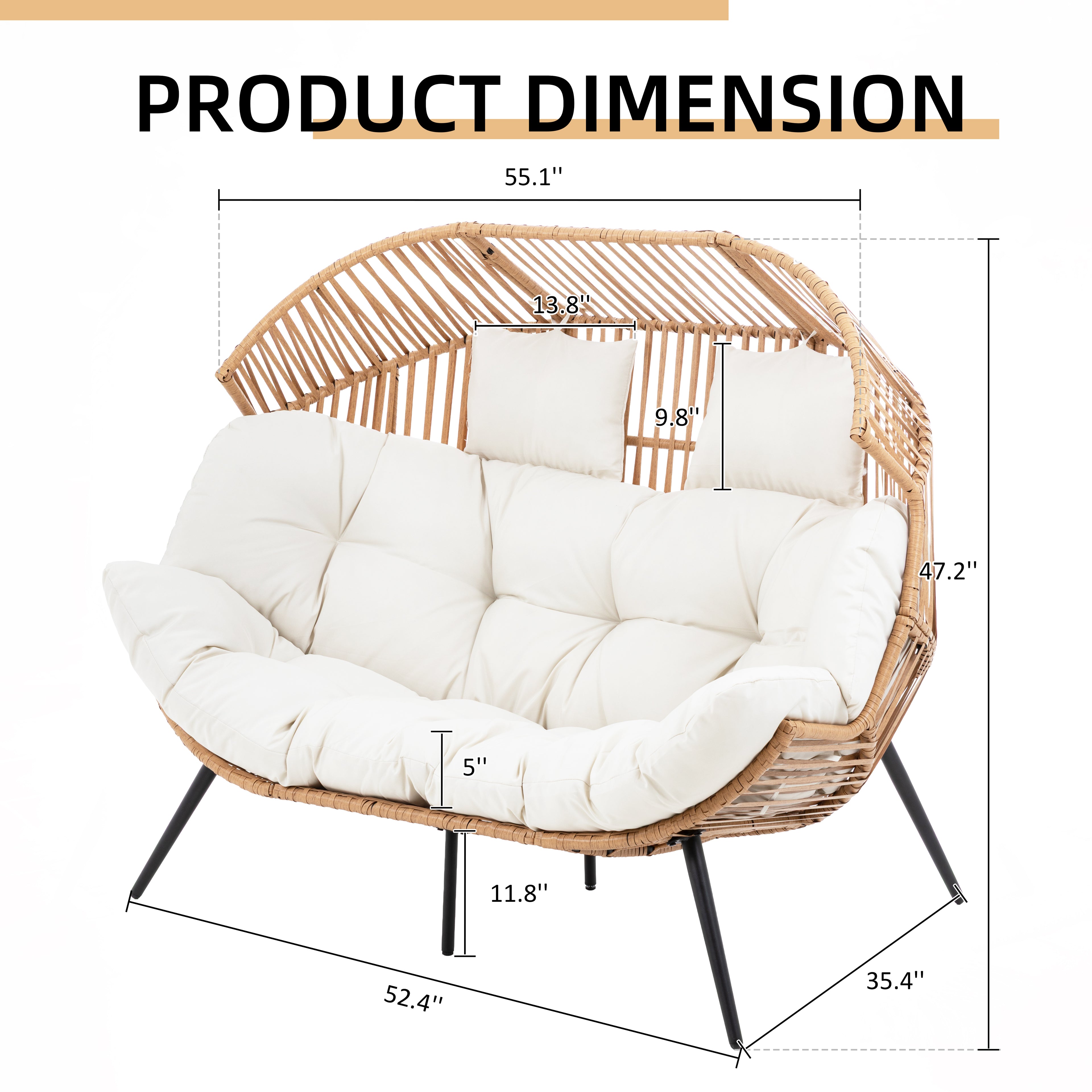 Vongrasig Wicker Double Egg Chair PE Rattan with Thicken Padded Cushion, 2 Person Oversized Patio Lounge Loveseat Chair for Outdoor, Indoor, Balcony, Backyard, Garden, Beige