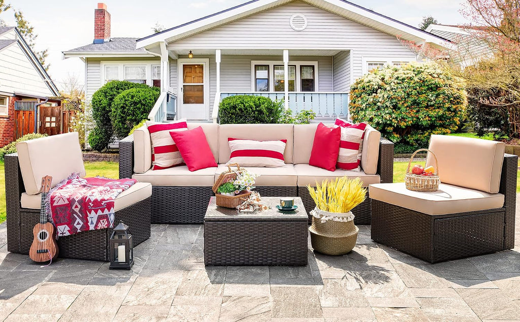 Vongrasig Patio Furniture Sets, Outdoor Patio Set Sectional Sofa, All-Weather PE Rattan Outdoor Couch with Ottoman, Glass Table for Garden, Backyard, Porch