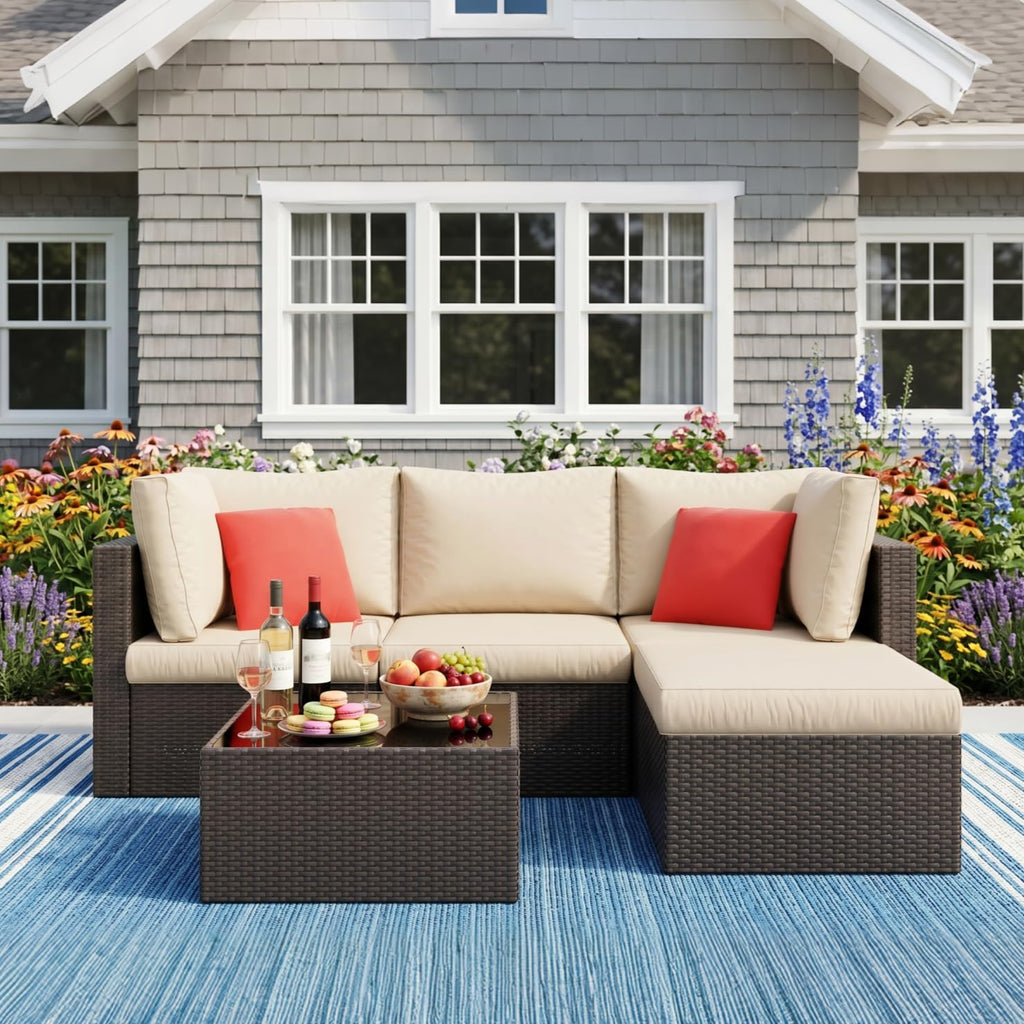 Vongrasig Patio Furniture Sets, Outdoor Patio Set Sectional Sofa, All-Weather PE Rattan Outdoor Couch with Ottoman, Glass Table for Garden, Backyard, Porch