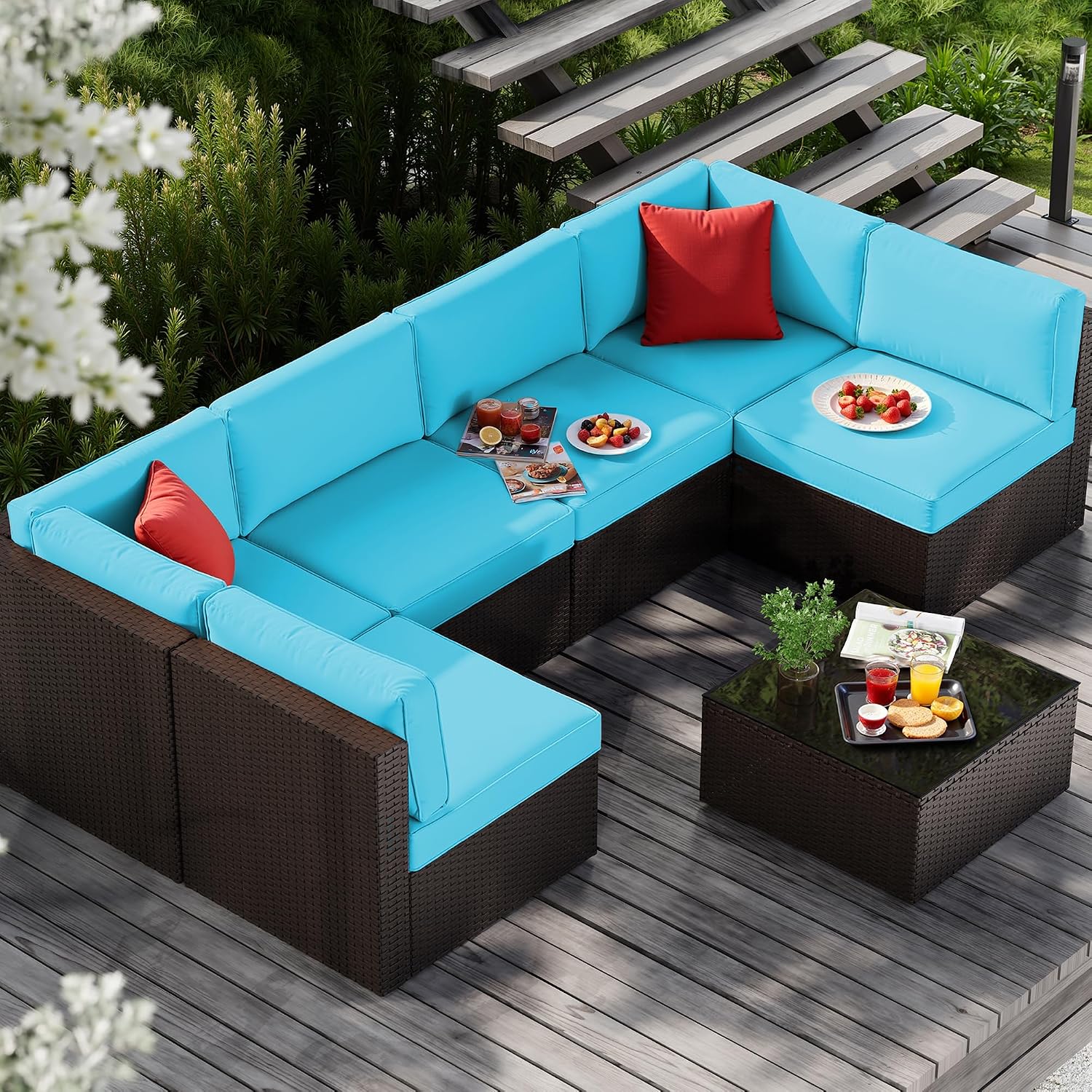 Vongrasig Patio Furniture Sets, Outdoor Patio Set Sectional Sofa, All-Weather PE Rattan Outdoor Couch with Ottoman, Glass Table for Garden, Backyard, Porch