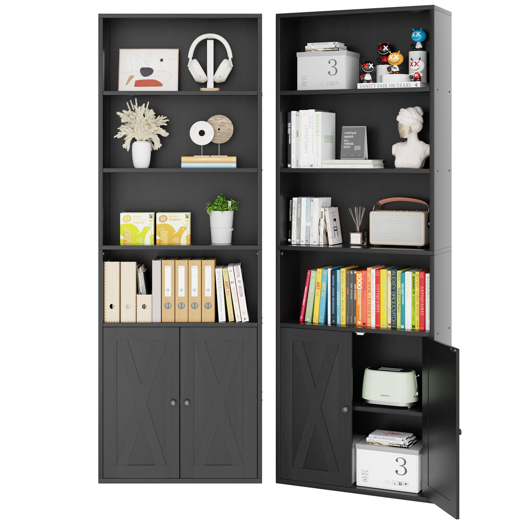 Vongrasig Farmhouse Bookcase with Doors & Storage, Tall 6-Tier Wood Bookshelf for Home Office Organization, Living Room Display, and Bedroom Storage Alternatives, 71-Inch Standing Shelf