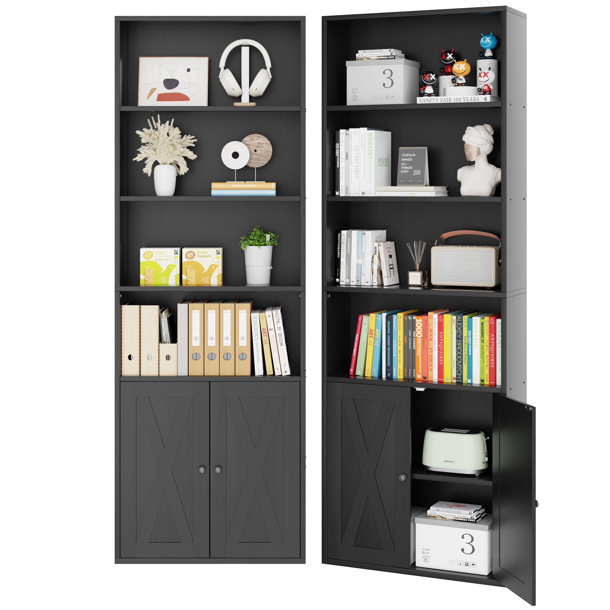 Vongrasig Farmhouse Bookcase with Doors & Storage, Tall 6-Tier Wood Bookshelf for Home Office Organization, Living Room Display, and Bedroom Storage Alternatives, 71-Inch Standing Shelf