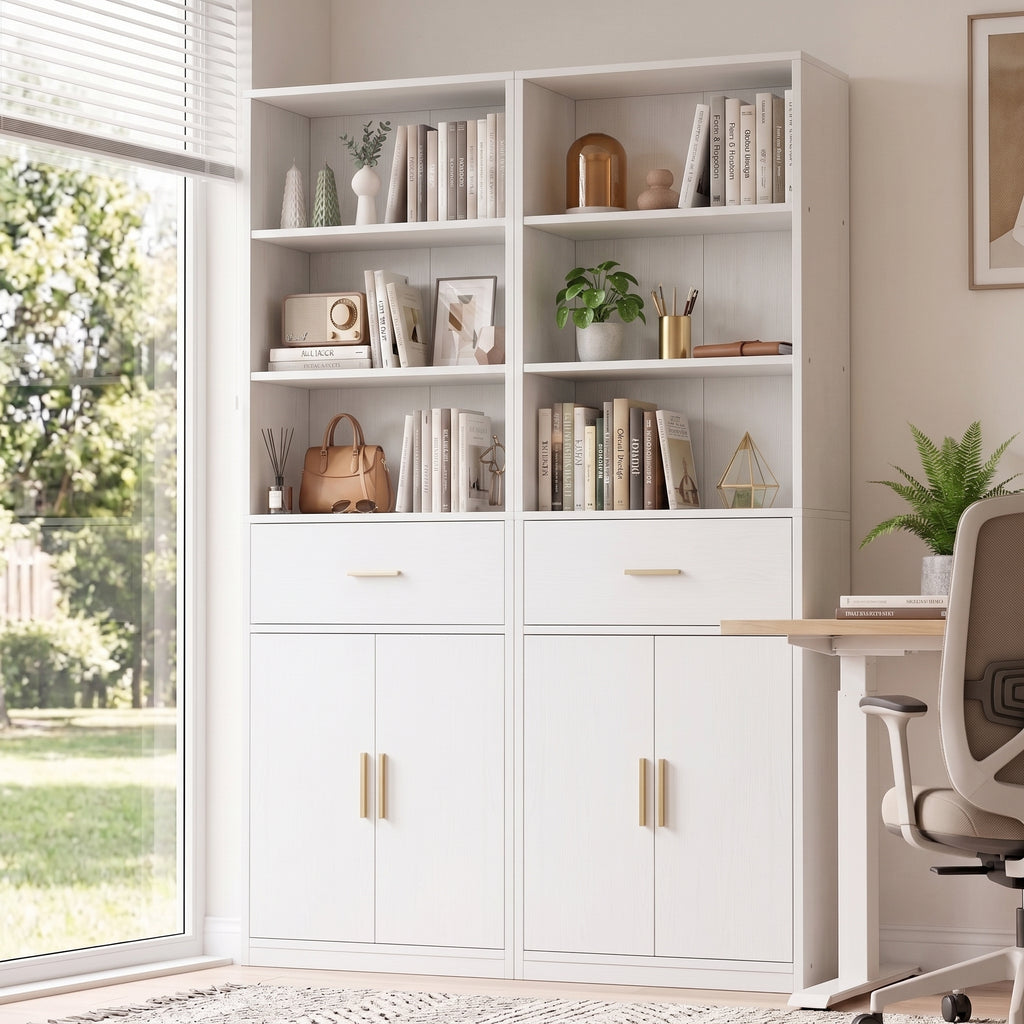 Vongrasig 71” Tall Bookshelf, Wood Bookcase with 1 Drawer & 2 Doors, 6 Tier Bookshelf with Storage, Display Book Shelf with Adjustable Shelf for Home Office, Living Room, Narrow Space