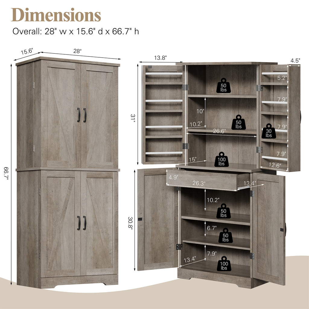 Vongrasig Kitchen Pantry Storage Cabinet with Barn Doors, Drawer and Adjustable Shelves, 6-Tier Tall Rustic Wood Cupboard Locker for Kitchen, Dining Room, Living Room, Bathroom