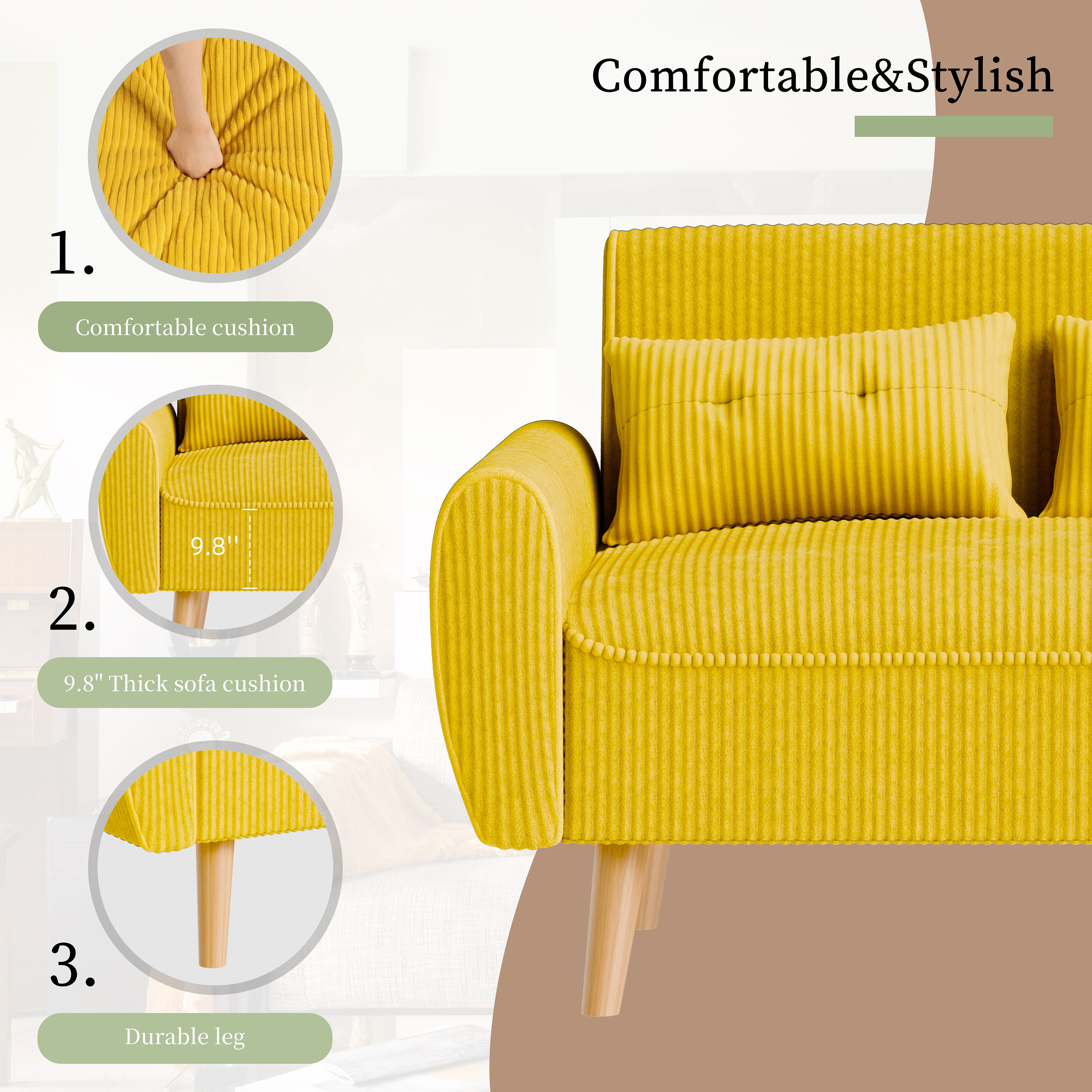Vongrasig 48" Small Modern Loveseat Sofa, Mid Century Soft Corduroy Fabric 3-Seat Sofa Couch Tufted with Back Cushions and Tapered Legs for Living Room, Bedroom and Small Space