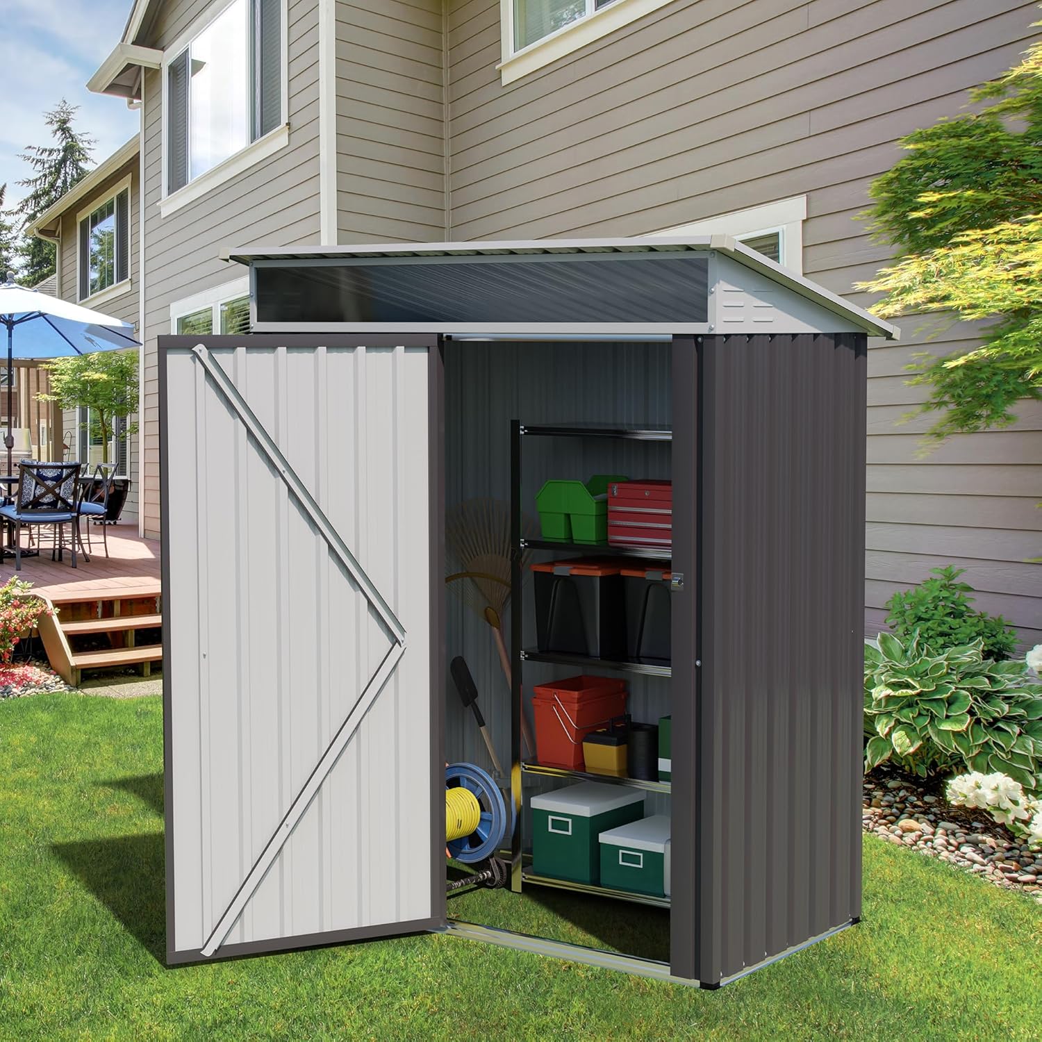 Vongrasig 5 x 3 x 6 FT Outdoor Storage Shed Clearance, Metal Garden Shed with Large Window and Lockable Door, Anti-Corrosion Waterproof Tool Shed for Backyard Patio, Lawn