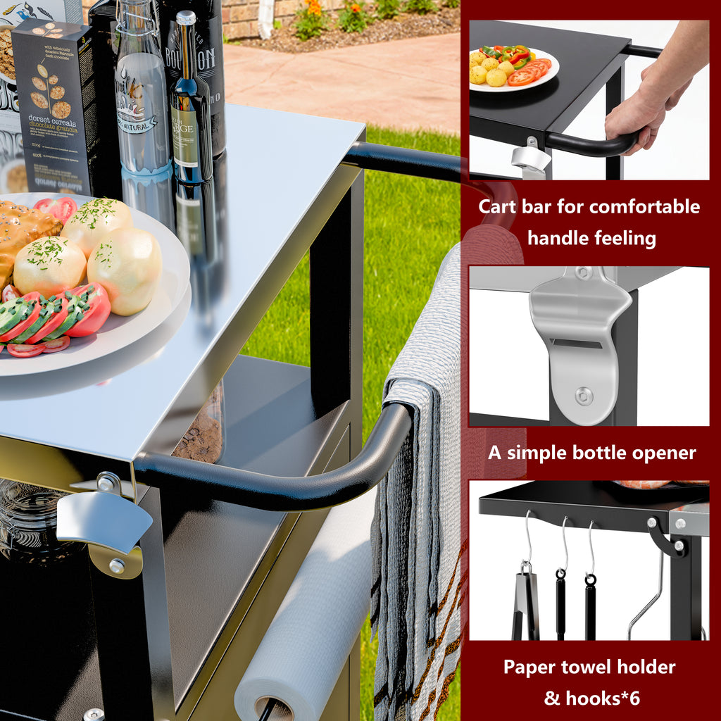 Vongrasig Outdoor Grill Cart, Patio Kitchen Island with Storage, Outdoor Bar Table BBQ Cart Pizza Oven Table with Foldable Stainless Steel Top & Wheels