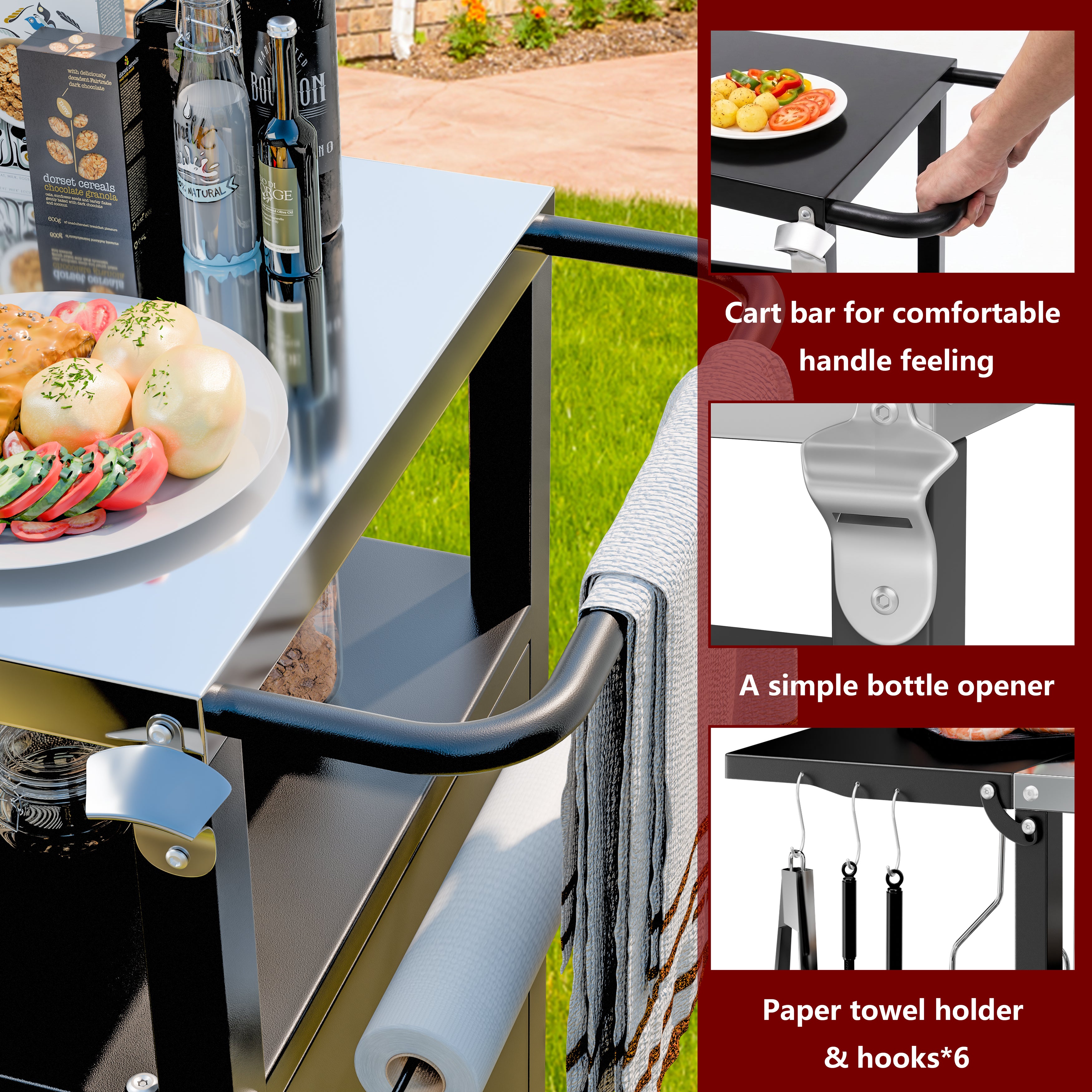 Vongrasig Outdoor Grill Cart, Patio Kitchen Island with Storage, Outdoor Bar Table BBQ Cart Pizza Oven Table with Foldable Stainless Steel Top & Wheels