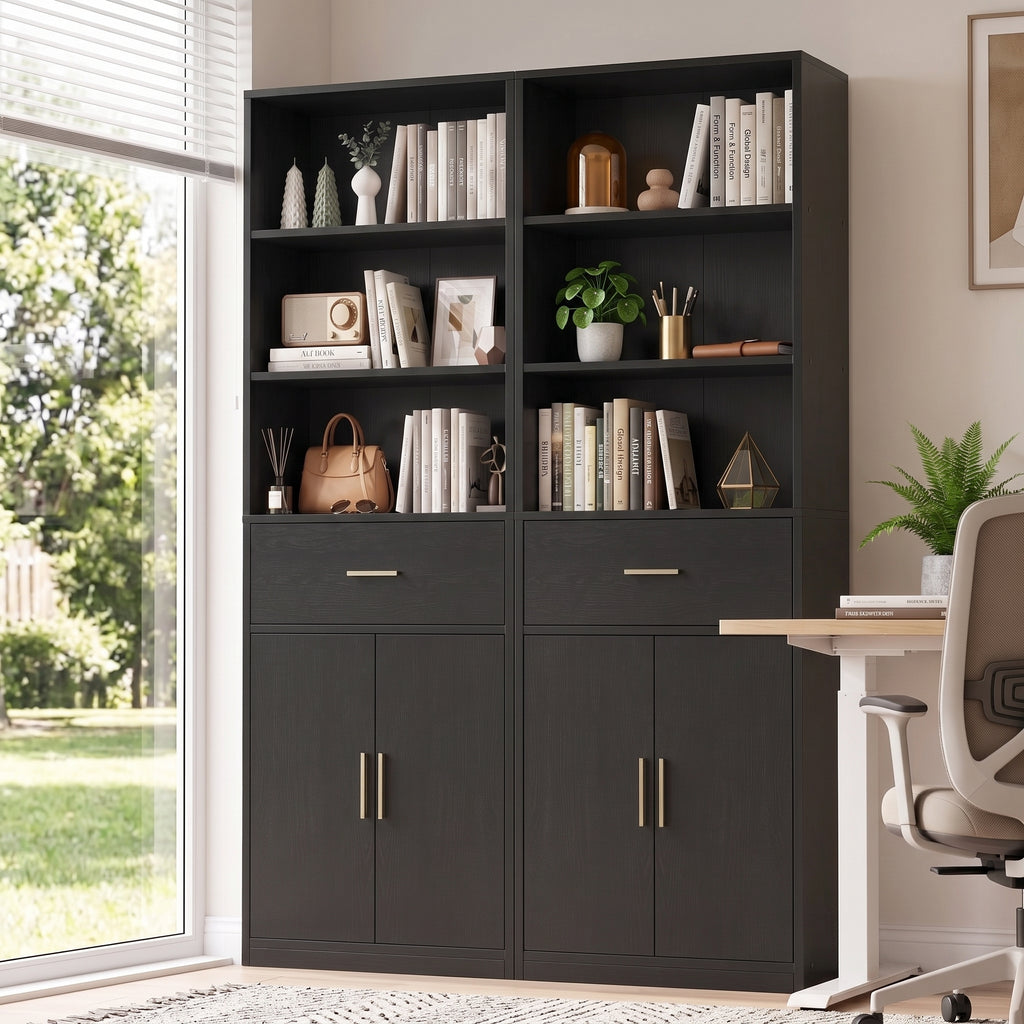 Vongrasig 71” Tall Bookshelf, Wood Bookcase with 1 Drawer & 2 Doors, 6 Tier Bookshelf with Storage, Display Book Shelf with Adjustable Shelf for Home Office, Living Room, Narrow Space