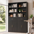 Vongrasig 71” Tall Bookshelf, Wood Bookcase with 1 Drawer & 2 Doors, 6 Tier Bookshelf with Storage, Display Book Shelf with Adjustable Shelf for Home Office, Living Room, Narrow Space