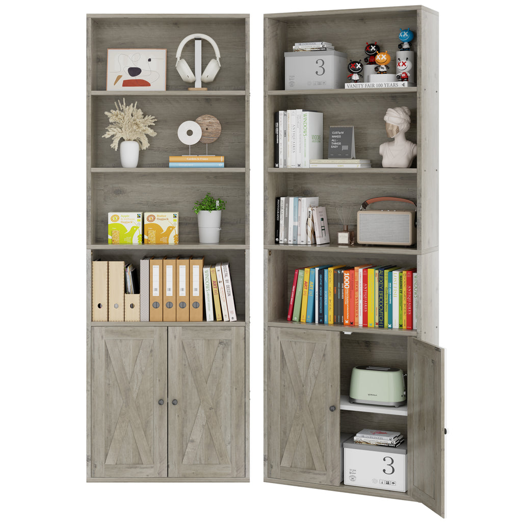 Vongrasig Farmhouse Bookcase with Doors & Storage, Tall 6-Tier Wood Bookshelf for Home Office Organization, Living Room Display, and Bedroom Storage Alternatives, 71-Inch Standing Shelf