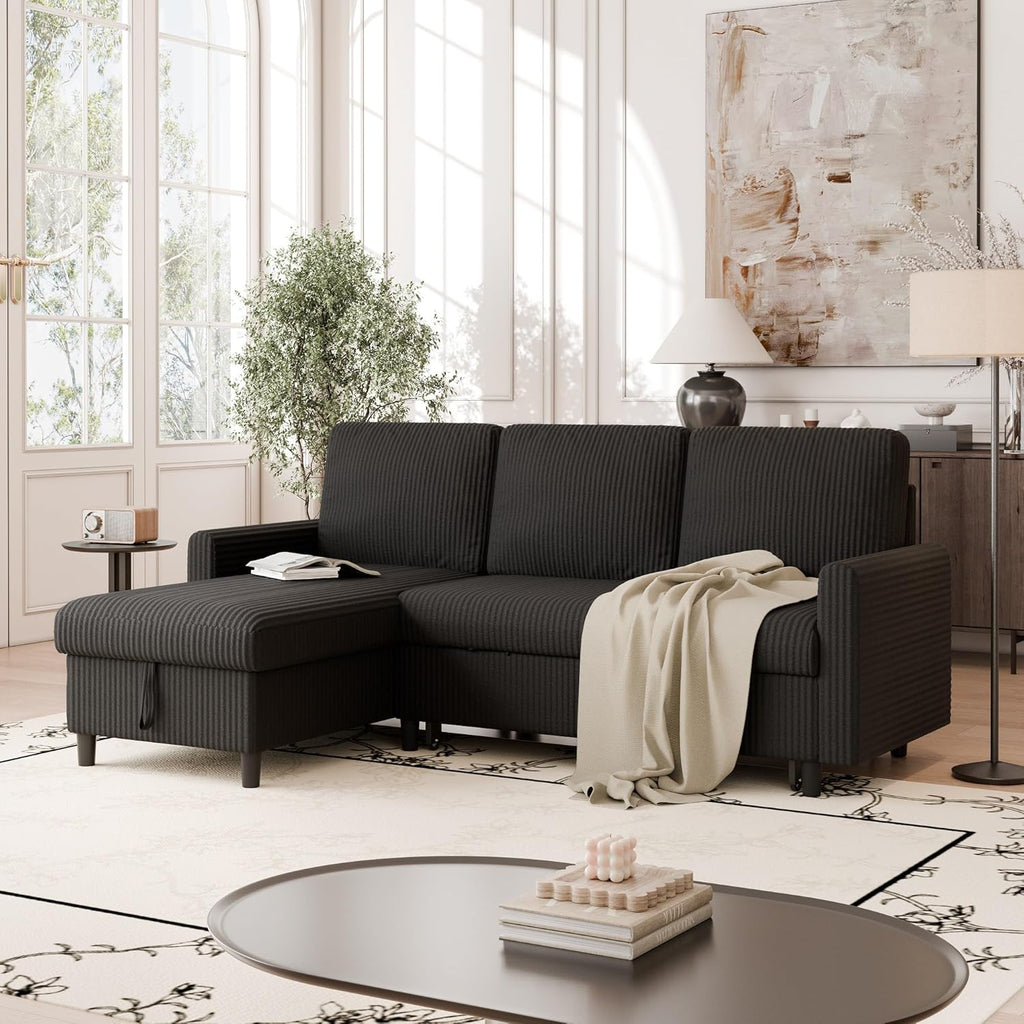 Vongrasig Sleeper Sofa with Storage for Small Space, Convertible Small Pull Out Couch with Storage Chaise, L Shaped Sectional Sofa Bed for Apartment, Guest Room, Black Corduroy