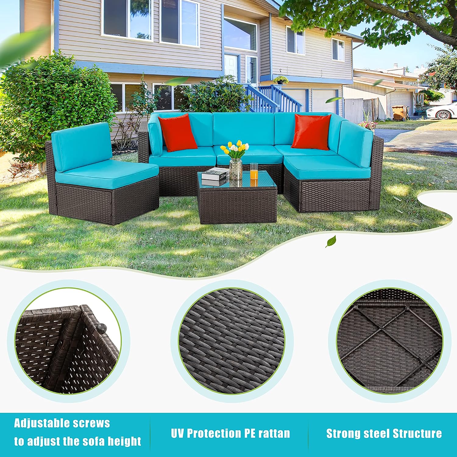 Vongrasig Patio Furniture Sets, Outdoor Patio Set Sectional Sofa, All-Weather PE Rattan Outdoor Couch with Ottoman, Glass Table for Garden, Backyard, Porch