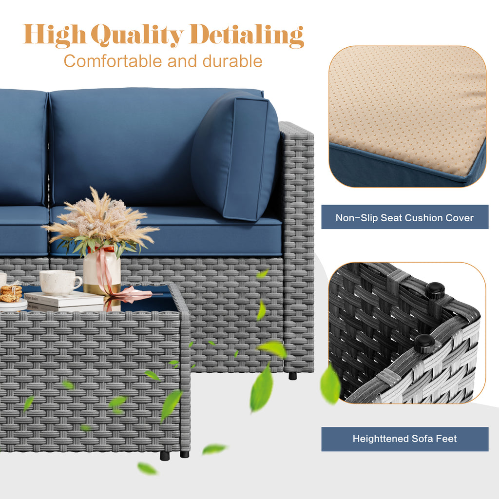 Vongrasig 5 Piece Patio Furniture Sets, Outdoor Patio Set Sectional Sofa, All-Weather PE Rattan Outdoor Couch with Ottoman, Glass Table for Garden, Backyard, Porch, Beige