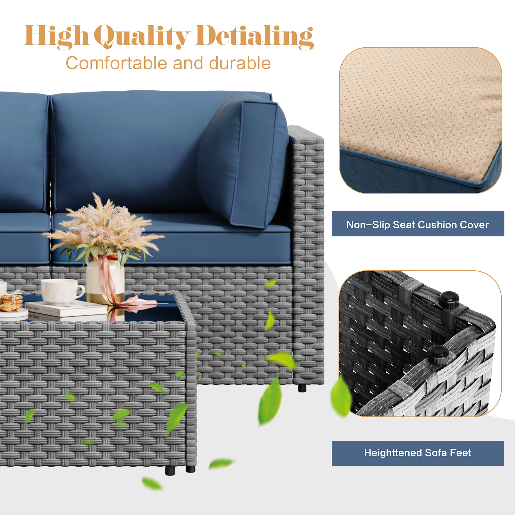 Vongrasig 5 Piece Patio Furniture Sets, Outdoor Patio Set Sectional Sofa, All-Weather PE Rattan Outdoor Couch with Ottoman, Glass Table for Garden, Backyard, Porch, Beige