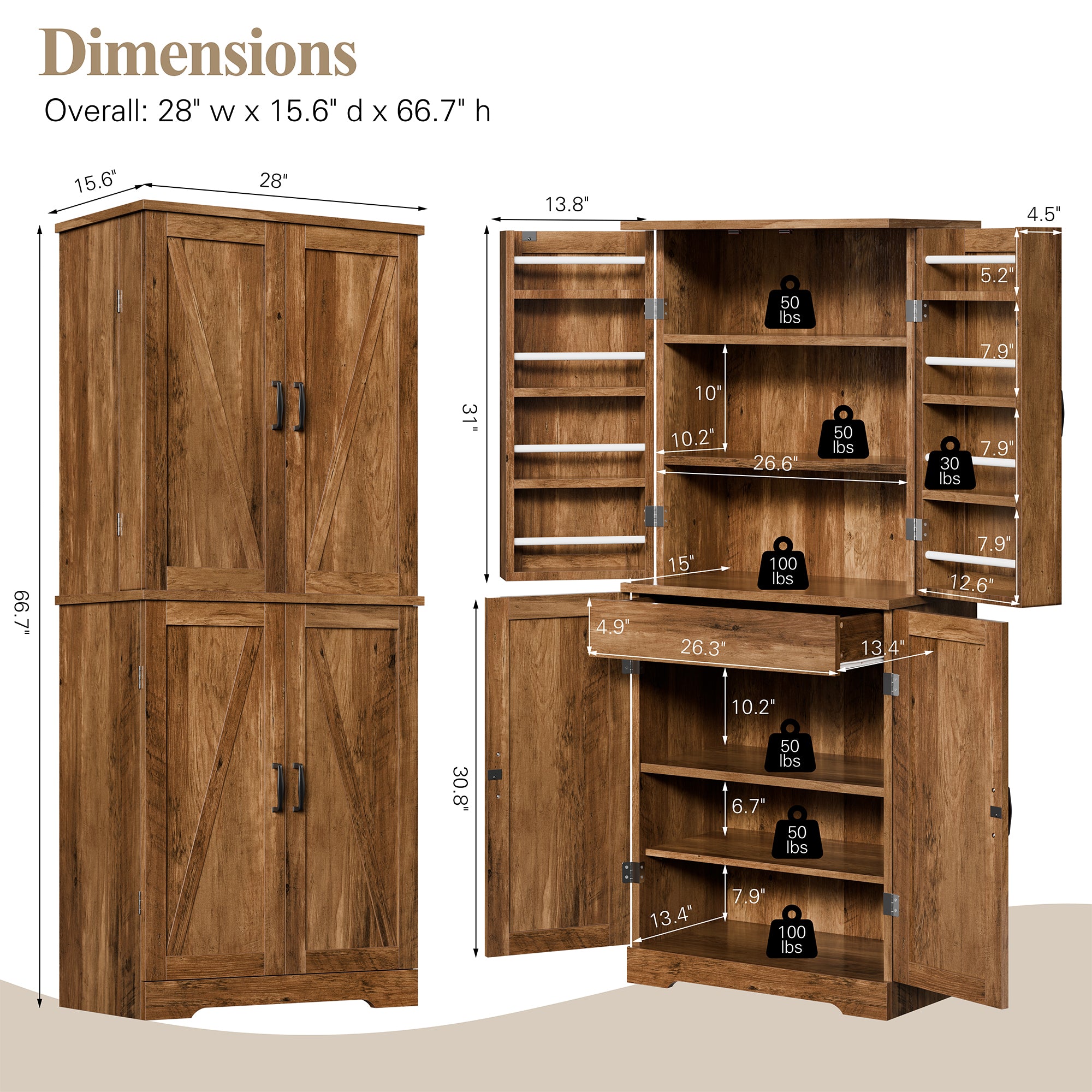 Vongrasig Kitchen Pantry Storage Cabinet with Barn Doors, Drawer and Adjustable Shelves, 6-Tier Tall Rustic Wood Cupboard Locker for Kitchen, Dining Room, Living Room, Bathroom