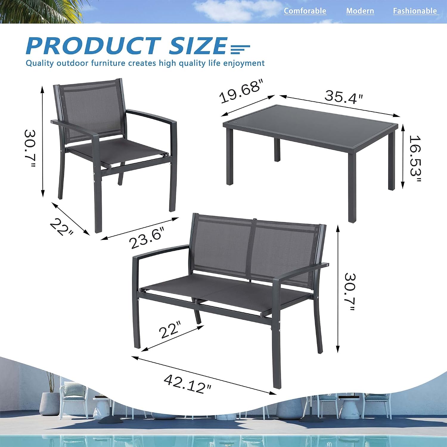 Vongrasig 4 Pieces Patio Furniture Sets,Outdoor Patio Conversation Sets with Glass Coffee Table, Small Porch Balcony Furniture, Patio Table and Chairs Set for Garden, Backyard