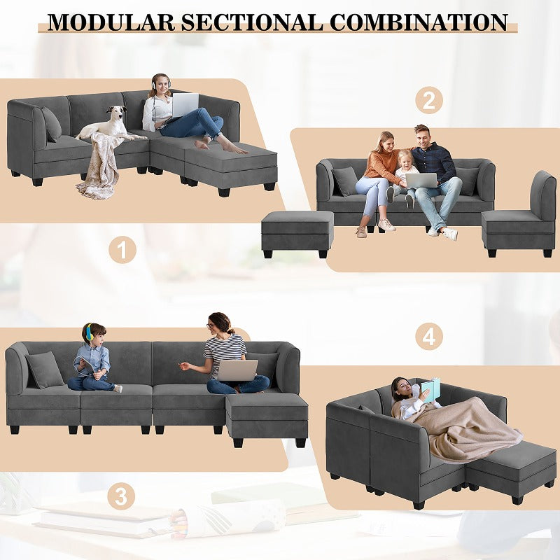 Walsunny 5 Pieces Modular L-Shaped Velvet Couch Sofa with Reversible Chaise (7223391125680)