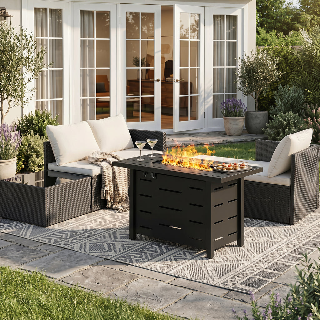 4-Piece Patio Furniture Set with 43" Propane Fire Pit Table, Outdoor Wicker Sectional Sofa Set, All-Weather Conversation Set for Backyard, Poolside, Garden, Grey Cushions