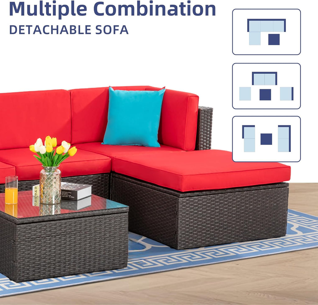 Vongrasig Patio Furniture Sets, Outdoor Patio Set Sectional Sofa, All-Weather PE Rattan Outdoor Couch with Ottoman, Glass Table for Garden, Backyard, Porch