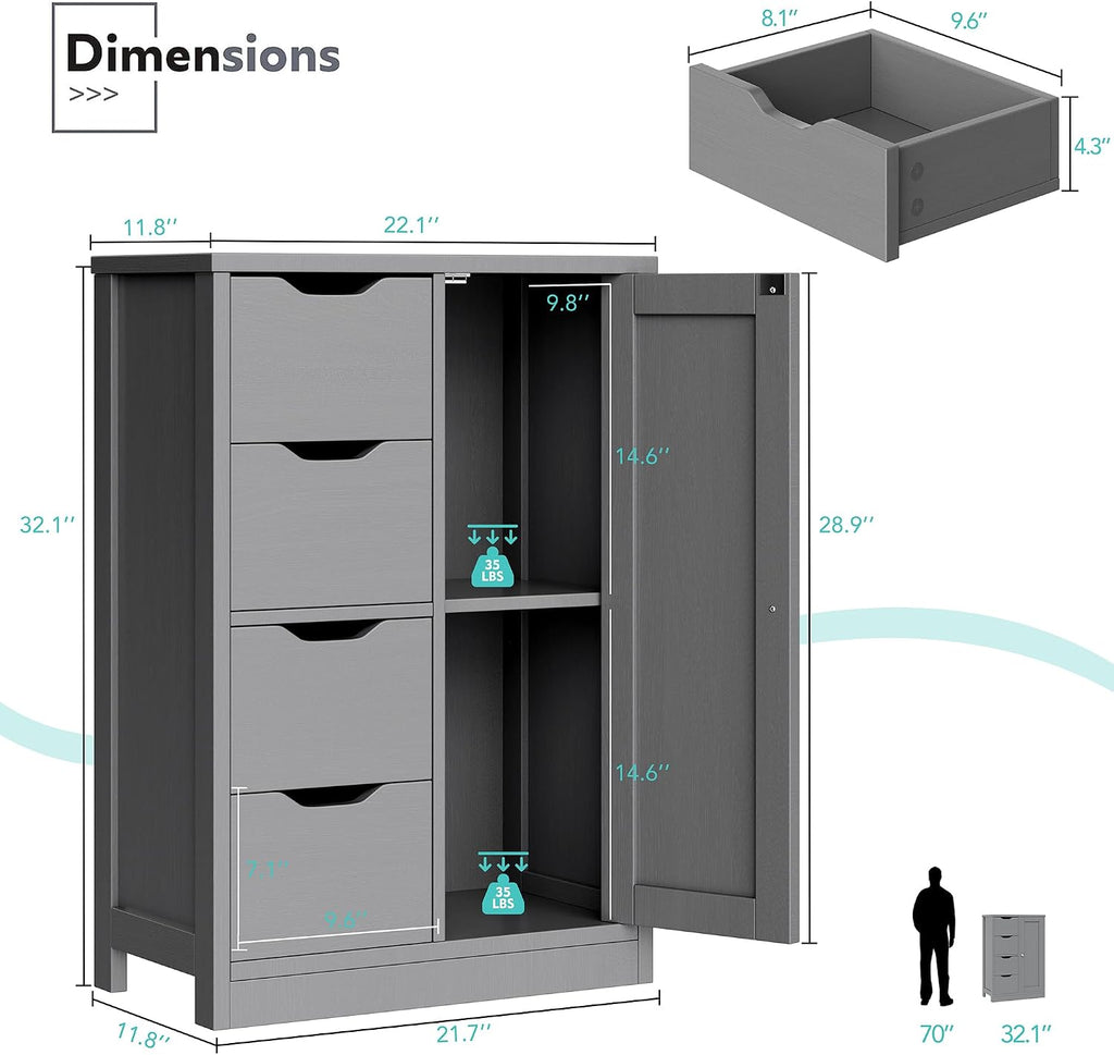 Vongrasig Bathroom Floor Storage Cabinet, Wooden Storage Organizer with 4 Drawers and 1 Door, Freestanding Pantry Cabinet with Adjustable Shelves for Bathroom, Living Room, Kitchen, Entryway