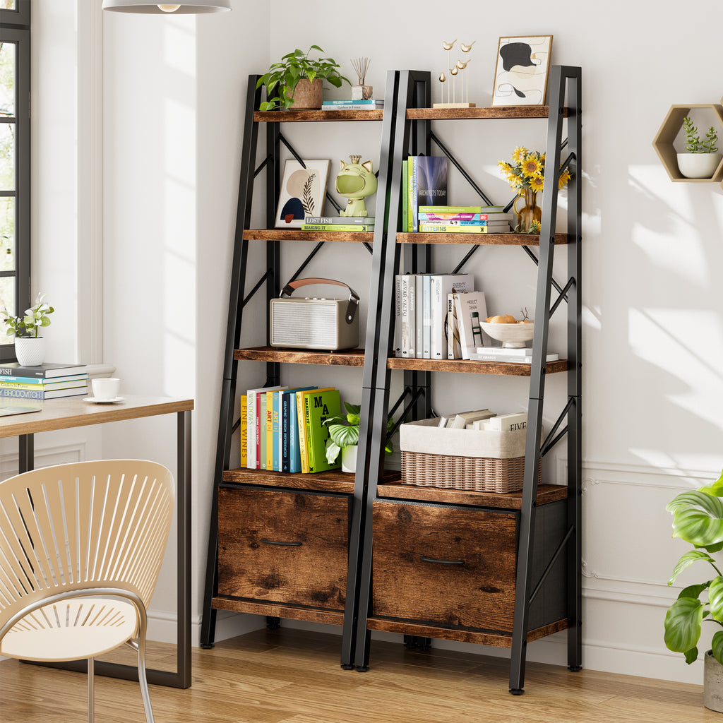Vongrasig 5 Tier Bookshelf with Drawer, Industrial Tall Narrow Bookcase, Display Shelf Modern Wood and Metal Bookshelves, Free Standing Storage Organizer for Office, Living Room
