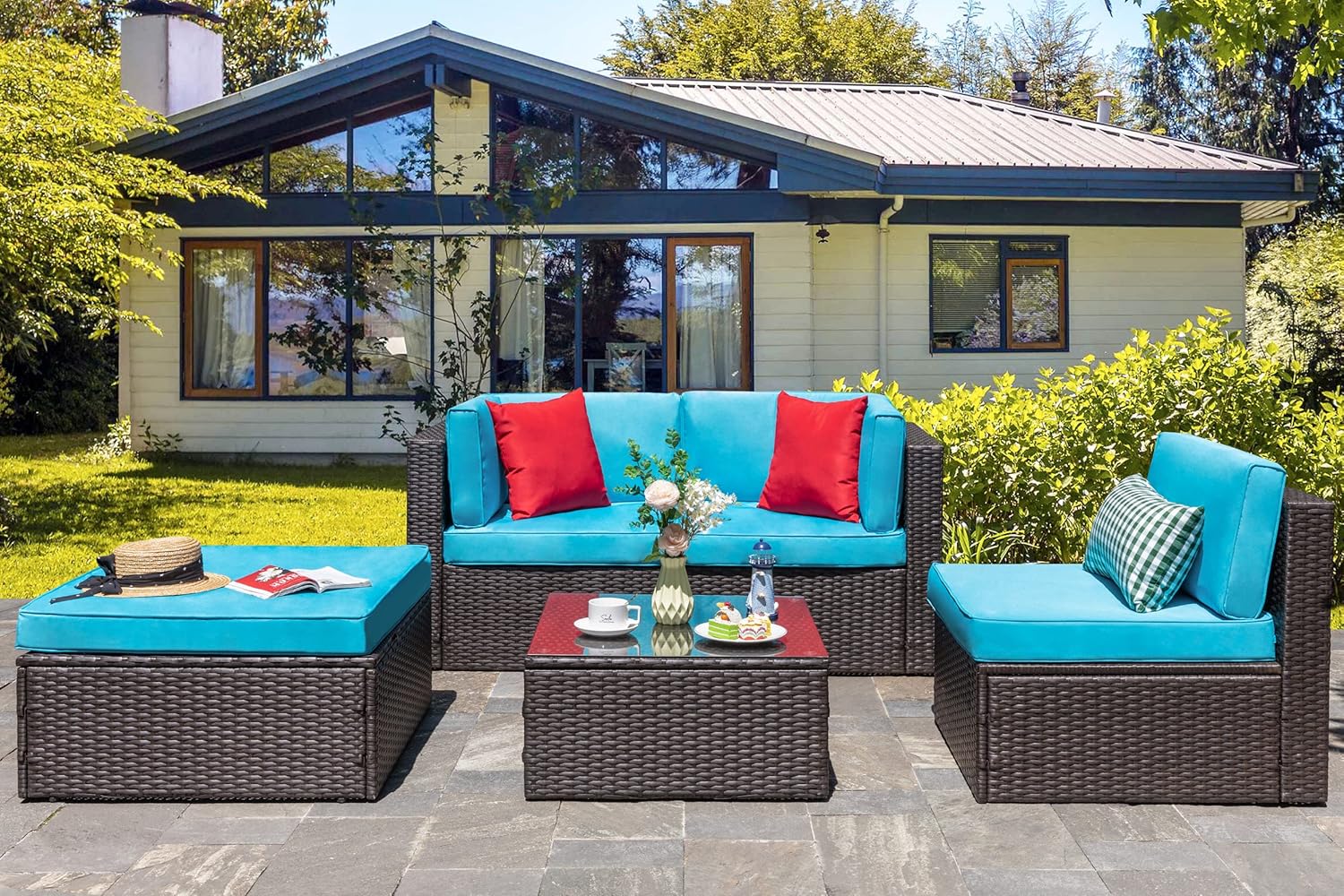 Vongrasig Patio Furniture Sets, Outdoor Patio Set Sectional Sofa, All-Weather PE Rattan Outdoor Couch with Ottoman, Glass Table for Garden, Backyard, Porch