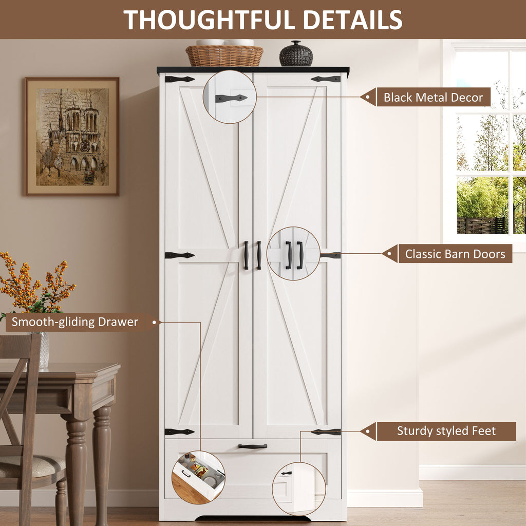 Vongrasig Kitchen Pantry Storage Cabinet with Barn Doors, Drawer and Adjustable Shelves, 4-Tier Tall Rustic Wood Cupboard Locker for Kitchen, Living Room, Bathroom, Dining Room