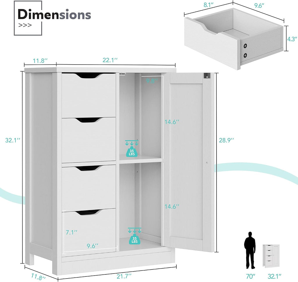 Vongrasig Bathroom Floor Storage Cabinet, Wooden Storage Organizer with 4 Drawers and 1 Door, Freestanding Pantry Cabinet with Adjustable Shelves for Bathroom, Living Room, Kitchen, Entryway