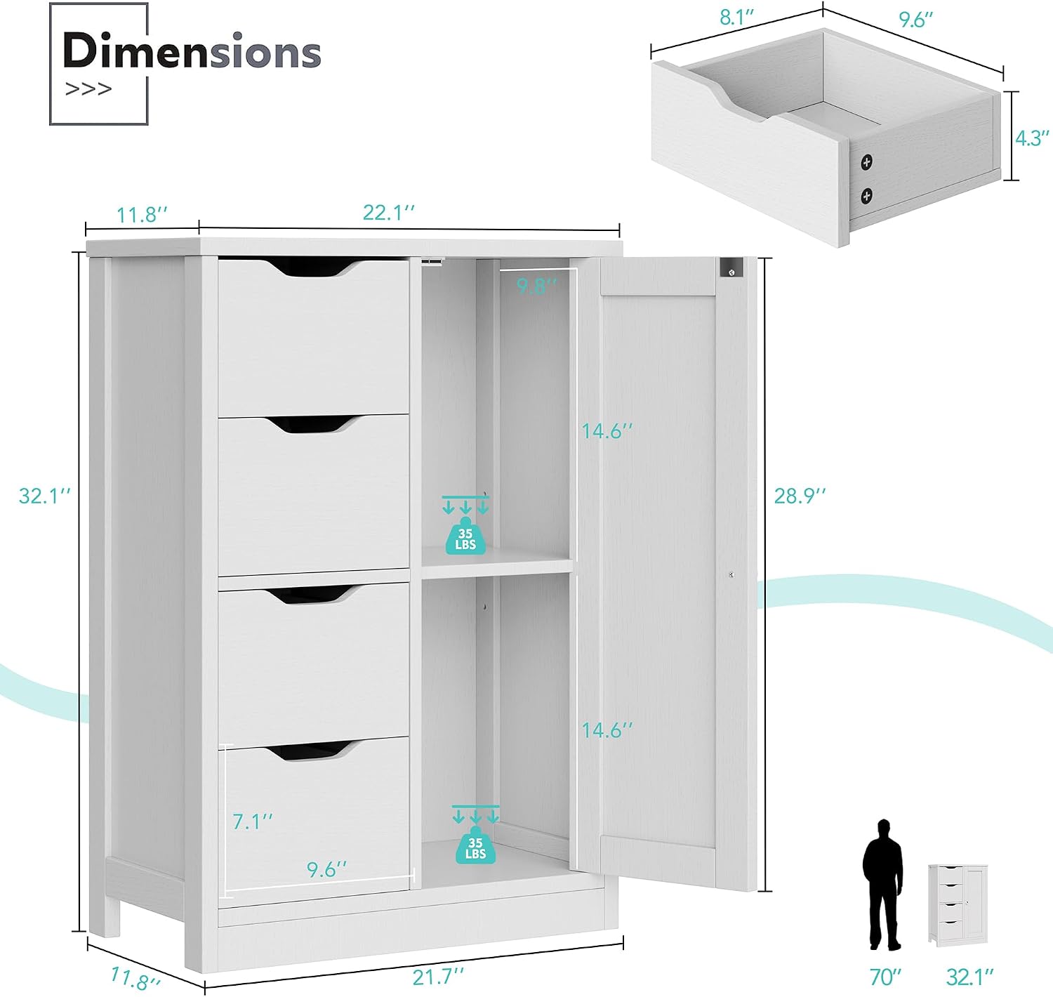 Vongrasig Bathroom Floor Storage Cabinet, Wooden Storage Organizer with 4 Drawers and 1 Door, Freestanding Pantry Cabinet with Adjustable Shelves for Bathroom, Living Room, Kitchen, Entryway