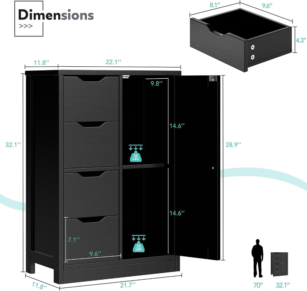 Vongrasig Bathroom Floor Storage Cabinet, Wooden Storage Organizer with 4 Drawers and 1 Door, Freestanding Pantry Cabinet with Adjustable Shelves for Bathroom, Living Room, Kitchen, Entryway