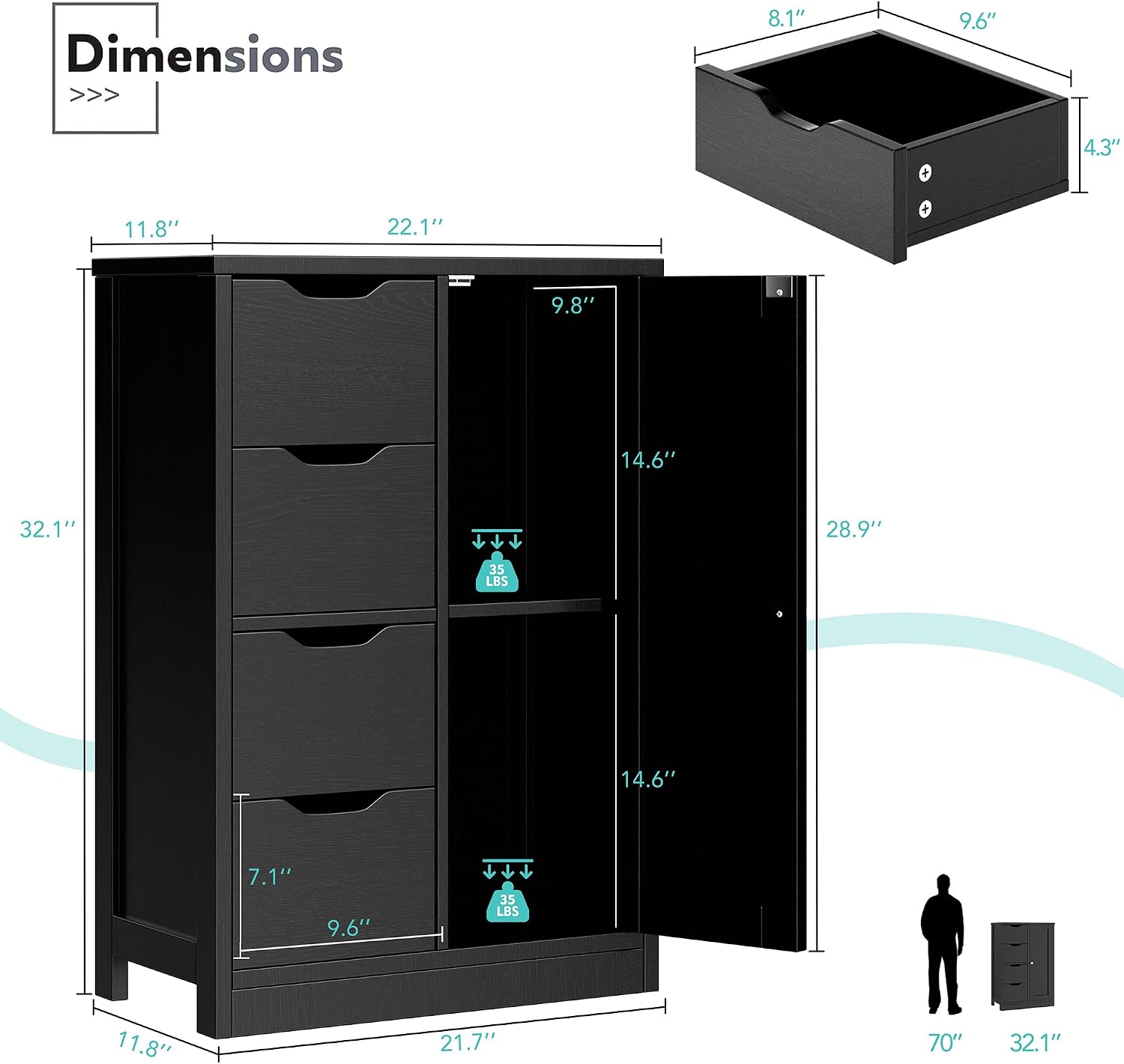 Vongrasig Bathroom Floor Storage Cabinet, Wooden Storage Organizer with 4 Drawers and 1 Door, Freestanding Pantry Cabinet with Adjustable Shelves for Bathroom, Living Room, Kitchen, Entryway